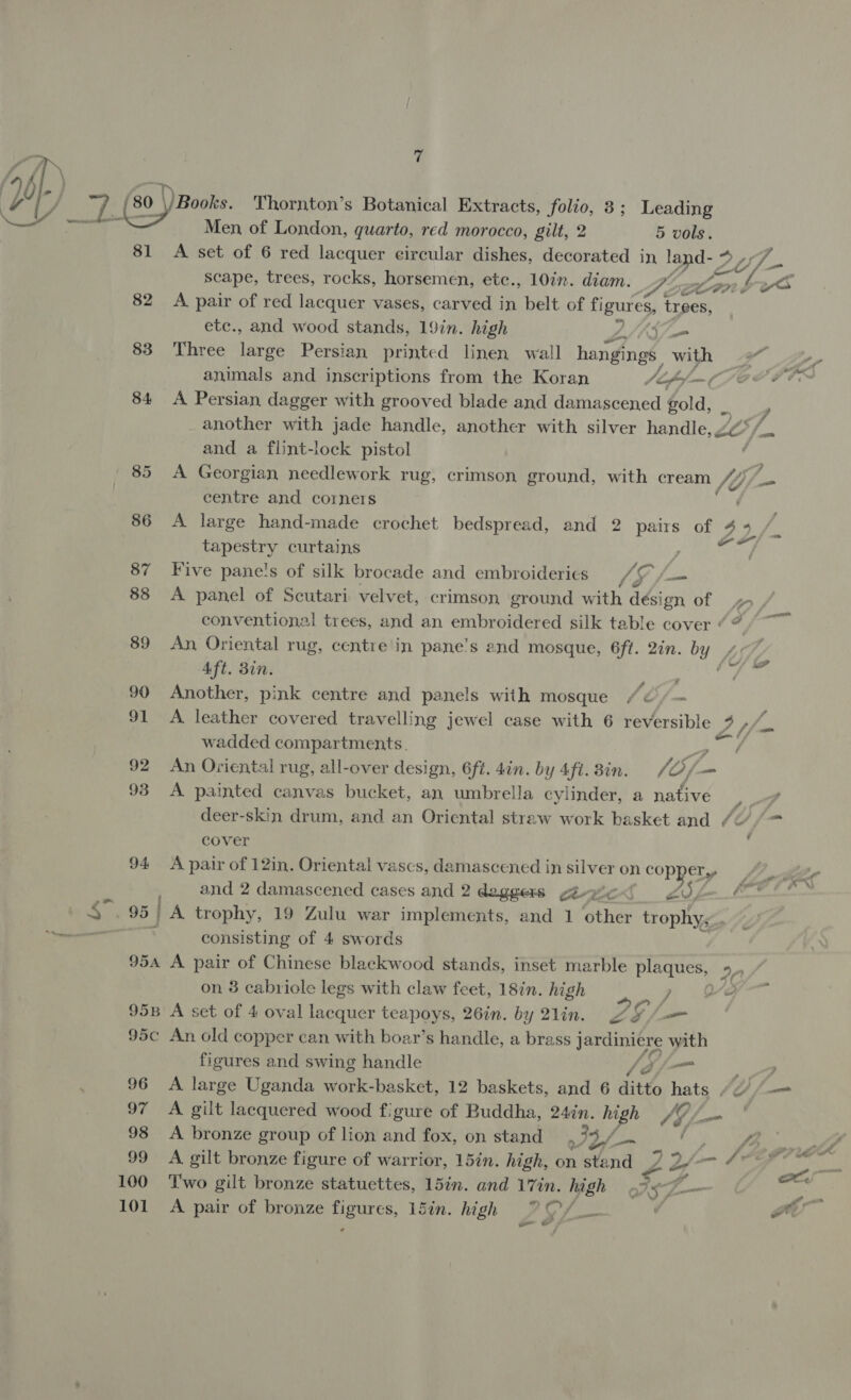 T } 28 wa [/ 7 (80 \/Books. Thornton’s Botanical Extracts, folio, 3; Leading Men of London, quarto, red morocco, gilt, 2 5 vols. 81 A set of 6 red lacquer circular dishes, decorated in rye ies i scape, trees, rocks, horsemen, etc., 10in. diam. eA we sf oS 82 A pair of red lacquer vases, carved in belt of figures, tnges, etc., and wood stands, 19in. high a a 83 Three ae Persian printed linen wall hangings | with — af animals and inscriptions from the Koran Japs oo 84 A Persian dagger with grooved blade and damascened Sia a another with jade handle, another with silver handle, 2¢7 fe and a flint-lock pistol 85 A Georgian needlework rug, crimson ground, with cream fb; ] centre and corners 86 A large hand-made crochet bedspread, and 2 ee of 4 4 tapestry curtains Bend 87 Five pane!s of silk brocade and embroideries —_/ G 88 A panel of Scutari velvet, crimson ground with atéon of conventional trees, and an embroidered silk table cover “7 | 89 An Oriental rug, centre'in pane’s and mosque, 6ft. 2in. by Aft. Bin. peepee? ii, 90 Another, pink centre and panels with mosque /¢ 91 A leather covered travelling jewel case with 6 reversible rar wadded compartments. &amp;- 92 An Oriental rug, all-over design, 6ft. 4in. by 4ft. 3in. [Of _ 93 A painted canvas bucket, an umbrella cylinder, a native nh deer-skin drum, and an Oriental straw work basket and (&lt;/&gt; cover 94 A pair of 12in. Oriental vascs, damascened in ae on is and 2 damascened cases and 2 daggers gé-&gt; | Sip 95 | A trophy, 19 Zulu war implements, and 1 Giiee trophy; 7 = ae Bh a consisting of 4 swords 954 A pair of Chinese blackwood stands, inset marble plaques, »_, on 3 cabriole legs with claw feet, 18in. high ah hy feats ‘ ; oe 95B A set of 4 oval lacquer teapoys, 26in. by 2lin. AG —_ 95c An old copper can with boar’s handle, a brass jae with figures and swing handle —_ J 96 A large Uganda work-basket, 12 baskets, and 6 ditto hats ///— 97 A gilt lacquered wood figure of Buddha, 24in. high Wy, Sia 98 A bronze group of lion and fox, on stand JIB/. oo EE 99 A gilt bronze figure of warrior, 15in. high, on stand Zs a gs 100 ‘Two gilt bronze statuettes, 15in. and 17in. high osZ- 101 A pair of bronze figures, 15in. high 7 C/__ v ad ee —