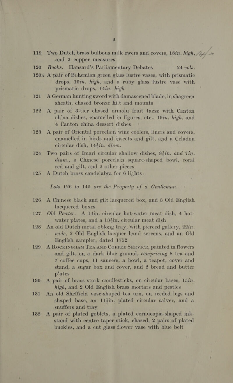 and 2 copper measures 121 122 123 124 129 130 131 132 drops, 10in. high, and a ruby glass lustre vase with prismatic drops, 14in. high A German hunting sword with damascened blade, in shagreen sheath, chased bronze hilt and mounts A pair of 3-tier chased ormolu fruit tazze with Canton ch’na dishes, enamelled in figures, etc., 19in. high, and 4 Canton china dessert dishes A. pair of Oriental porcelain wine coolers, liners and covers, enamelled in birds and insects and gilt, and a Celadon circular dish, 1437n. diam. Two pairs of Imari circular shallow dishes, 837n. and Tin. diam., a Chinese porcelain square-shaped bowl, coral red and gilt, and 2 other pieces A Dutch brass candelabra for 6 lights Lots 126 to 145 are the Property of a Gentleman. A Chinese black and gilt lacquer ed box, and 3 Old English lacquered boxes Old Pewter. A 14in. circular hot-water meat dish, 4 hot- water plates, and a 13}in. circular meat dish An old Dutch metal oblong tray, with pierced gallery, 227n. wide, 2 Old English lacquer hand screens, and an Old English sampler, dated 1752 A RocKkINGHAM TEA AND COFFEE SERVICE, painted in flowers and gilt, on a dark blue ground, comprising 8 tea and 7 coffee cups, 11 saucers, a bowl, a teapot, cover and stand, a sugar box and cover, and 2 bread and butter p'ates high, and 2 Old English brass mortars and pestles An old Sheffield vase-shaped tea urn, on reeded legs and shaped base, an 114in. plated circular salver, and a snuffers and tray A pair of plated goblets, a plated cornucopia-shaped ink- stand with centre taper stick, chased, 2 pairs of plated buckles, and a cut glass flower vase with blue belt aoe