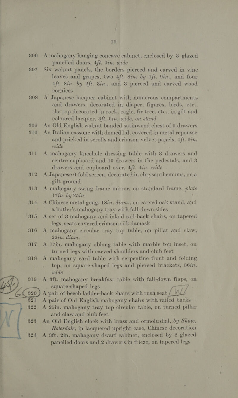 306 307 308 309 310 311 B15 316 317 318 ED A mahogany hanging concave cabinet, enclosed by 3. glazed panelled doors, 4ft. 9in. wide Six walnut panels, the borders pierced and carved in vine leaves and grapes, two 4fé. 8in. by ft. 9in., and four Afi. 8in. by 2ft. 3in., and 3 pierced and carved wood cornices A Japanese lacquer cabinet with numerous compartments and drawers, decorated in diaper, figures, birds, etc., the top decorated in rock, eagle, fir tree, etc., in gilt and coloured lacquer, 3ft. 6in. wide, on stand An Old English walnut banded satinwood chest of 5 drawers An Italian cassone with domed lid, covered in metal repousse and pricked in scrolls and crimson velvet panels, 4ft. 67n. wide A mahogany kneehole dressing table with 3 drawers and centre cupboard and 10 drawers in the pedestals, and 3 drawers and cupboard over, 4ft. 4¢n. wide A Japanese 6-fold screen, decorated in chrysanthemums, on, a gilt ground A mahogany swing frame mirror, on standard frame, plate 17in. by 25in. A Chinese metal gong, 18in. diam., on carved oak stand, and a butler’s mahogany tray with fall-down sides A set of 3 mahogany and inlaid rail-back chairs, on tapered legs, seats covered crimson silk damask A mahogany circular tray top table, on pillar and claw, 22in. diam. A 17in. mahogany oblong table with marble top inset, on turned legs with carved shoulders and club feet A mahogany card table with serpentine front and folding top, on square-shaped legs and. pierced brackets, 36in. wede A 3ft. mahogany breakfast table with fall-down flaps, on square-shaped legs oY ha A pair of beech ladder-back chairs with rush seat LW A pair of Old English mahogany chairs with railed backs A 25in. mahogany tray top circular table, on turned pillar and claw and club feet An Old English clock with brass and ormoludial,.by Shaw, Botesdale, in lacquered upright case, Chinese decoration A 3ft. 2in. mahogany dwarf cabinet, enclosed by 2 glazed ry