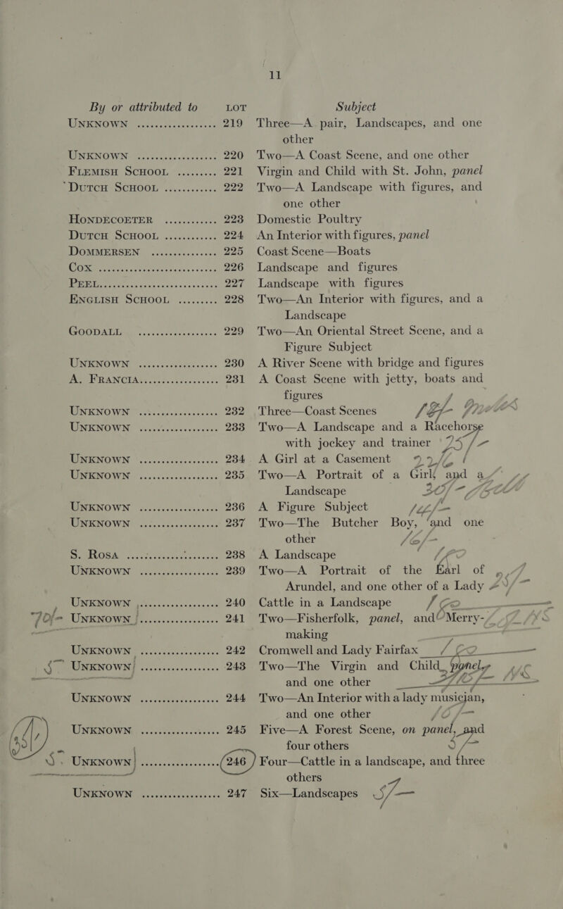 Liietec La WGN ose vs Oe Sax wes face 219 ROP ROINUEVUN 2 lech ee evel toes 220  11 Three—A pair, Landscapes, and one other Two—A Coast Scene, and one other Virgin and Child with St. John, panel Two—A Landscape with figures, and one other Domestic Poultry An Interior with figures, panel POG MEM ICR SENG «occu es ccs. sos 225 Coast Scene—Boats i NEE es One to Gy eee a 226 Landscape and figures US SUVs oly ae 227 Landscape with figures ENGLISH SCHOOL ......... 228 Two—An Interior with figures, and a Landscape Pe) abt cs cca t viene «50s 229 Two—An Oriental Street Scene, and a Figure Subject INEM OWING (esis sced dagen. as 230 A River Scene with bridge and figures Pee PIRANCIARE Sool cleeizss st’ 231 A Coast Scene with jetty, boats and figures REGION OVNI ob? 2-5 ast cee: 232 'Three—Coast Scenes Gr fi BURSON NG Wild div uee se svee es 233. Two—A Landscape and a Racehorse with jockey and trainer ins ) Fe MEMENOSUN ‘6.0 c&lt;scecasevecnns 234. A Girl at a Casement 97/4 [ RE REROIRVON © cc ceiecsnsine ones 235 Two—A Portrait of a Girl ‘apd a Landscape 30 - ZCI POSE NOIVN, Mes iy ses ate ices 236 A Figure Subject ltif— | MERON W Ned favs cn csmcnnn occ 237 Two—The Butcher Boy, ‘and one other Wn abe POORER &lt;5 So pected pew icttn 238 A Landscape ag MORNIN: Ving ctytennes das 239 Two—A Portrait of the Karl of Arundel, and one other of a Lady #» ; UNE MOWN foe. .2 2.225.200 240 Cattle in a Landscape J G2 7 Of- TENN VINEE. coincide csveivees 241 Two—Fisherfolk, panel, and@Merry-” ons Cel making — ey Se eye es, oe: 242 Cromwelland Lady Fairfax / Ke —__— Se UPENO WINE 2. -000c5..cn0ds-- 243 Two—The Virgin and Child ., panels 2 ( a. ae and one other __ he =F cae hte MURTICN OW Nope os bavasetds bs s\a05 244 'Two—An Interior with a lady musician, and one other fo LIN ENOWING os wcccees.s.ce0%ss 245 Five—A Forest Scene, on panel, oe four others oe Unxwowy) Res Smee sess (246 ) Four—Cattle in a landscape, and three vaicaesacanepcaeaeedl others LIWIGNOWN fs. essecccects is 247 Six—Landscapes Sf- —
