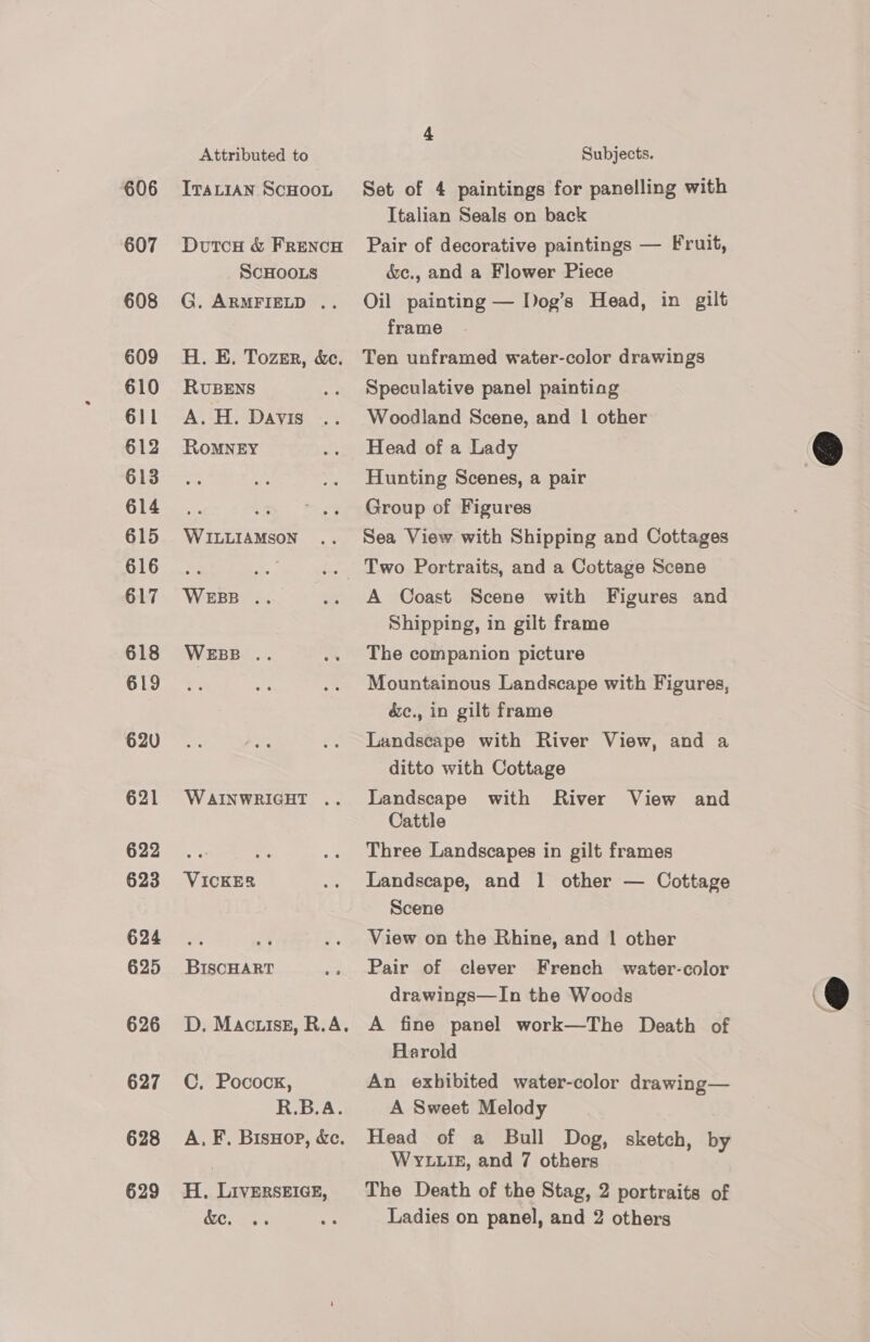 Attributed to Subjects. 606 IvatiAn ScHoon Set of 4 paintings for panelling with Italian Seals on back 607 DutcH &amp; Frencu Pair of decorative paintings — Fruit, SCHOOLS &amp;ec., and a Flower Piece 608 G. ARMFIELD .. Oil painting — Dog’s Head, in gilt frame 609 H.E. Tozsr, &amp;c. Ten unframed water-color drawings 610 Rusens .. Speculative panel painting 611 A.H. Davis .. Woodland Scene, and 1 other 612 Romney .. Head of a Lady S 613... £ .. Hunting Scenes, a pair 614... .. ° .. Group of Figures 615 WiutiraMson .. Sea View with Shipping and Cottages 616 | Two Portraits, and a Cottage Scene G6L7- WeEBB .. .. A Coast Scene with Figures and Shipping, in gilt frame 618 WEBB .. .. The companion picture OLLI: ae .. Mountainous Landscape with Figures, &amp;c., in gilt frame G20F = se .. Landscape with River View, and a ditto with Cottage 621 Warinwricot .. Landscape with River View and Cattle 6225. :: i .. Three Landscapes in gilt frames 623 VICKER .. Landscape, and 1 other — Cottage Scene 624 .. .. View on the Rhine, and | other 625 BiscHartT .. Pair of clever French water-color  drawings—In the Woods 626 D.Mactisz,R.A. A fine panel work—The Death of Harold 627 ©. Pocock, An exhibited water-color drawing— R.B.A. A Sweet Melody 628 A.F. Bisnor,&amp;c. Head of a Bull Dog, sketch, by WYLLIE, and 7 others 629 H.Liverszicz, The Death of the Stag, 2 portraits of POR us ae Ladies on panel, and 2 others