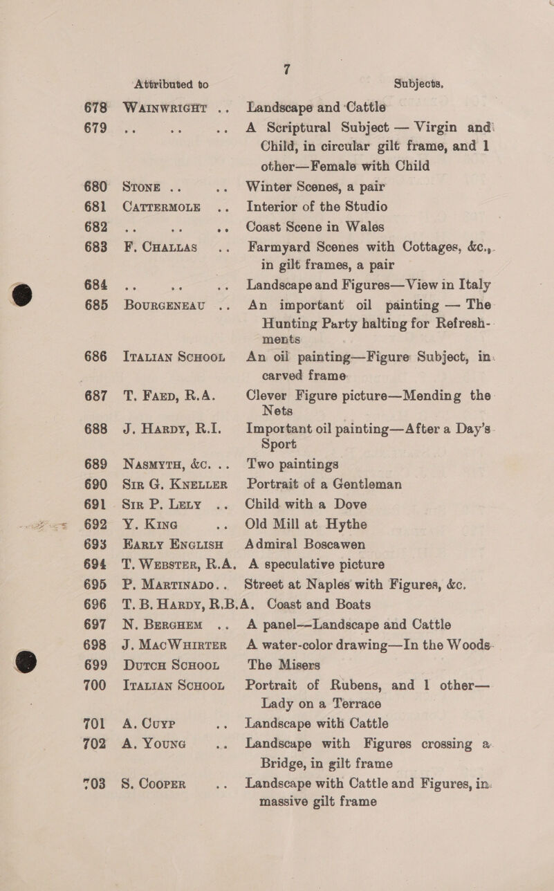 678 679 680 681 682 683 684 685 686 688 689 690 691 692 693 694 695 696 697 698 700 701 702 703 Attributed to Subjects, Wainwricut .. Landscape and ‘Cattle A Scriptural Subject — Virgin andi Child, in circular gilt frame, and 1 other—Female with Child STONE .. .. Winter Scenes, a pair CATTERMOLE .. Interior of the Studio se ss »» Coast Scene in Wales F,Cuattas .. Farmyard Scenes with Cottages, d&amp;c.,. in gilt frames, a pair es e .. Landscape and Figures— View in Italy Bourceneau .. An important oil painting — The Hunting Party halting for Refresh-- ments IrauiAN ScHoot An oil painting—Figure Subject, in. carved frame: T, Farp, R.A. Clever Figure picture—Mending the Nets J. Harpy, R.I. Important oil painting —A fter a Day’s. Sport Nasmytu, &amp;c. .. Two paintings Sir G. Kneviter Portrait of a Gentleman Sir P. Lety .. Child with a Dove Y. Kine .. Old Mill at Hythe Barty Eneuish Admiral Boscawen T. WessteR, R.A, A speculative picture P, Martinapo.. Street at Naples with Figures, a T. B. Harpy, R.B.A. Coast and Boats N. Bereuem .. A panel—Landscape and Cattle J.MacWuirter' A water-color drawing—In the Woods- Dutcw ScHoot The Misers IrauiaNn ScHoot Portrait of Rubens, and 1 other— Lady on a Terrace A. Cuyp .. Landscape with Cattle A. Youne .. Landscape with Figures crossing 2. Bridge, in gilt frame S. Cooper .. Landscape with Cattle and Figures, in. massive gilt frame