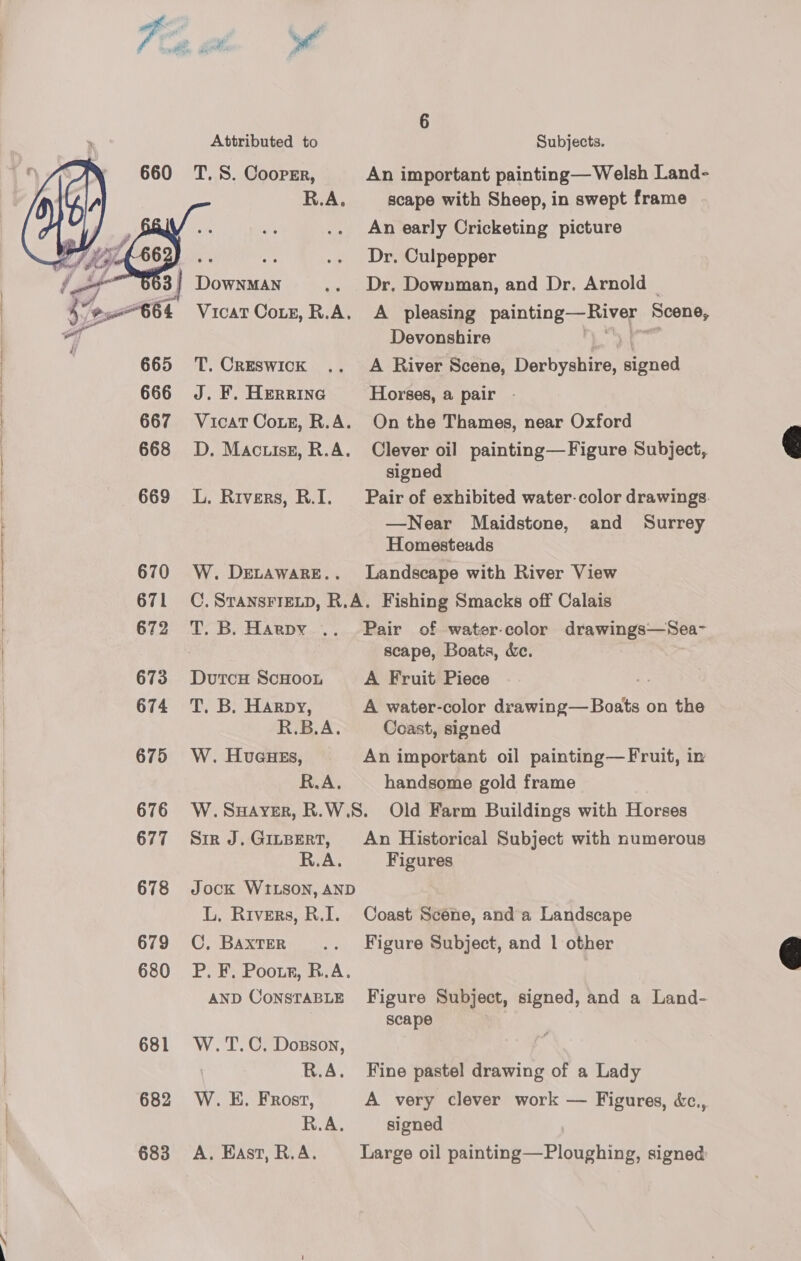  660 669 670 671 672 673 674 675 676 677 678 679 680 681 682 683 6 Attributed to Subjects. T. S. Coopsr, An important painting— Welsh Land- R.A. scape with Sheep, in swept frame An early Cricketing picture Dr. Culpepper Dr, Downman, and Dr. Arnold Vicat Cour, R.A. A_ pleasing tea paged Scene, Devonshire T. Creswick .. A River Scene, Derbyshire, signed J. F. Herrine Horses, a pair . Vicat Coz, R.A. On the Thames, near Oxford D. Mactisz, R.A. Clever oil painting—Figure Subject, signed L. Rivers, R.I. ‘Pair of exhibited water-color drawings. —Near Maidstone, and Surrey Homesteads W. Devaware.. Landscape with River View C. STANSFIELD, R.A. Fishing Smacks off Calais scape, Boats, &amp;e. Dutcu ScHoou A Fruit Piece - T. B. Harpy, A water-color drawing—Boats on the R.B.A. Coast, signed W. Huaues, An important oil painting—Fruit, in R.A. handsome gold frame W.SuHayver, R.W.S. Old Farm Buildings with Horses Sir J.GinBert, An Historical Subject with numerous R.A. Figures Jock WILSON, AND L, Rivers, R.I. Coast Scene, and a Landscape C. Baxter .. Figure Subject, and 1 other P. F, Pootn, R.A. AND ConsTaBLE Figure Subject, signed, and a Land- scape W.T.C. Dozson, R.A. Fine pastel drawing of a Lady W. E. Frost, A very clever work — Figures, &amp;c., R.A. signed A. Hast, R.A. Large oil Sting “Plouiphinn signed  