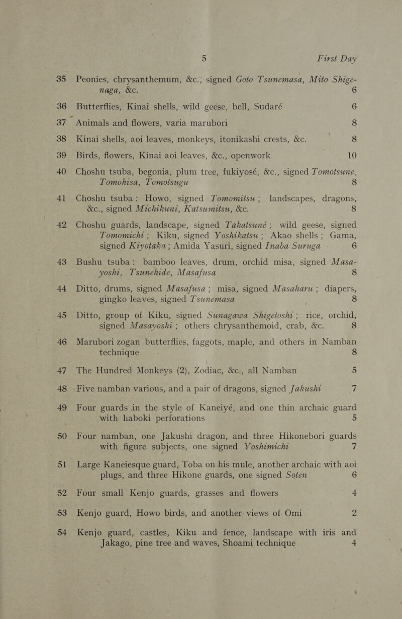 35 Peonies, chrysanthemum, &amp;c., signed Goto Tsunemasa, Mito Shige- naga, &amp;c. 6 36 Butterflies, Kinai shells, wild geése, bell, Sudaré 6 OA : Animals and flowers, varia marubori 8 38 Kinai shells, aoi leaves, monkeys, itonikashi crests, &amp;c. 8 39 Birds, flowers, Kinai aoi leaves, &amp;c., openwork 10 40 Choshu tsuba, begonia, plum tree, fukiyosé, &amp;c., signed Tomotsune, Tomohisa, Tomotsugu 8 41 Choshu tsuba: Howo, signed Tomomitsu; landscapes, dragons, &amp;c., signed Michtkunt, Katsumitsu, &amp;c. 42 Choshu guards, landscape, signed Takatsuné; wild geese, signed Tomomicm ; Kiku, signed Yoshikatsu ; Akao shells; Gama, signed Kiyotaka; Amida Yasuri, signed Inaba Suruga 6 43 Bushu tsuba: bamboo leaves, drum, orchid misa, signed Masa- yoshi, Tsunehide, Masafusa 8 44 Ditto, drums, signed Masafusa; misa, signed Masaharu ; diapers, gingko leaves, signed Tsunemasa 8 45 Ditto, group of Kiku, signed Sunagawa Shigetoshi; rice, orchid, signed Masayoshi ; others chrysanthemoid, crab, &amp;c. 8 46 Marubori zogan butterflies, faggots, maple, and others in Namban technique 8 47 The Hundred Monkeys (2), Zodiac, &amp;c., all Namban 9. 48 Five namban various, and a pair of dragons, signed Jakusht 7 49 Four guards in the style of Kaneiyé, and one thin archaic guard with haboki perforations ) 50 Four namban, one Jakushi dragon, and three Hikonebori guards with figure subjects, one signed Yoshimichi 7 51 Large Kaneiesque guard, Toba on his mule, another archaic with aoi plugs, and three Hikone guards, one signed Soten 6 52 Four small Kenjo guards, grasses and flowers — 4 53 Kenjo guard, Howo birds, and another views of. Omi 2 54 Kenjo guard, castles, Kiku and fence, landscape with iris and | Jakago, pine tree and waves, Shoami technique 4