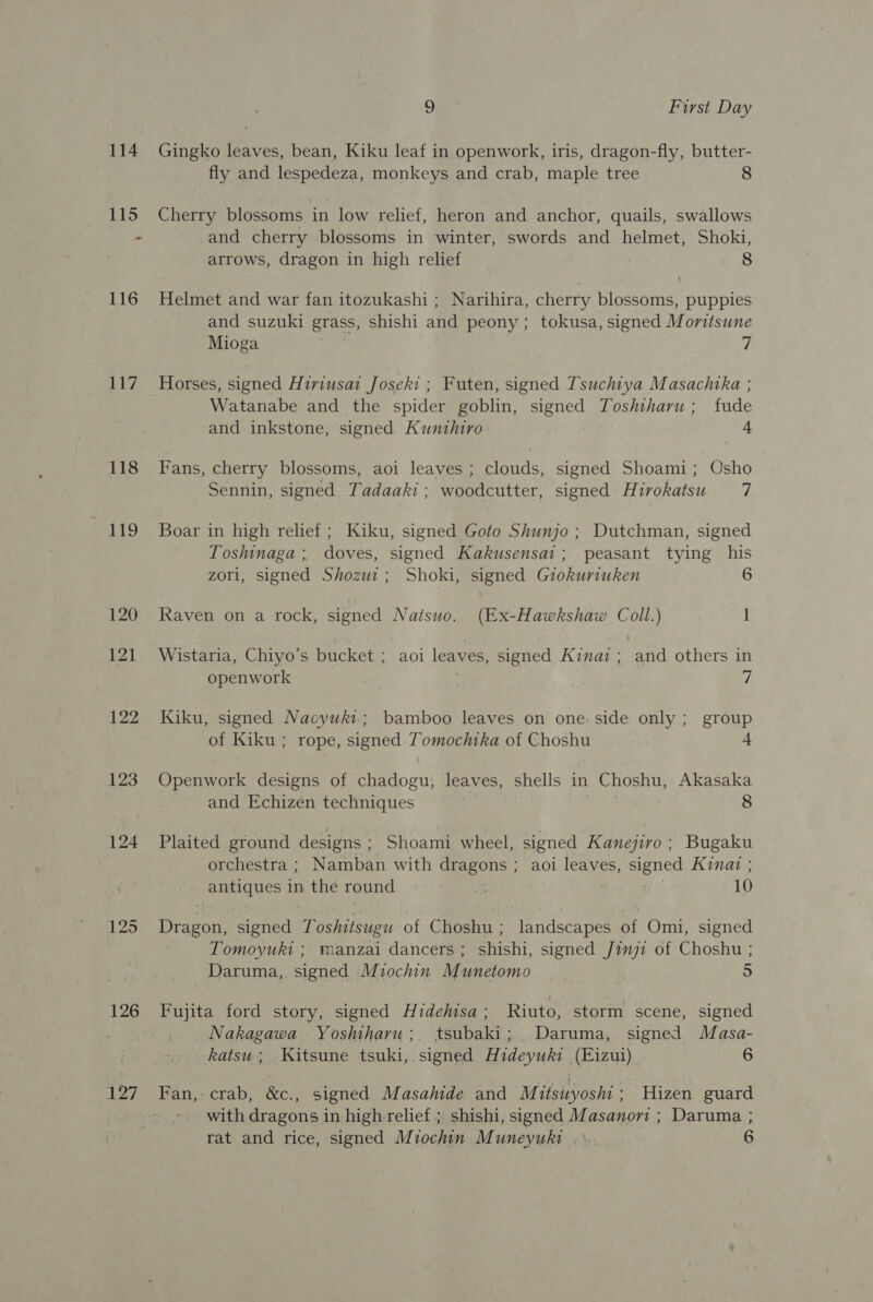 117 118 119 120 121 122 123 124 125 126 127 9 First Day Gingko leaves, bean, Kiku leaf in openwork, iris, dragon-fly, butter- fly and lespedeza, monkeys and crab, maple tree 8 Cherry blossoms in low relief, heron and anchor, quails, swallows and cherry blossoms in winter, swords and helmet, Shoki, arrows, dragon in high relief 8 Helmet and war fan itozukashi ; Narihira, cherry blossoms, puppies and suzuki grass, shishi and peony ; tokusa, signed Moritsune Mioga 7 Horses, signed Hiriusar Joseki ; Futen, signed Tsuchiya Masachtka ; Watanabe and the spider goblin, signed Toshtharu; fude and inkstone, signed Kunihiro 4 Fans, cherry blossoms, aoi leaves ; clouds, signed Shoami; Osho Sennin, signed Tadaaki ; woodcutter, signed Hirokatsu 7 Boar in high relief ; Kiku, signed Goto Shunjo ; Dutchman, signed Toshinaga ; doves, signed Kakusensat; peasant tying his zori, signed Shozut ; Shoki, signed Giokuriuken Raven on a rock, signed Natsuwo. (Ex-Hawkshaw Coll.) 1 Wistaria, Chiyo’s bucket ; aoi leaves, signed Kinaz; and others in openwork | ¥; Kiku, signed Nacyuki.; bamboo leaves on one: side only; group of Kiku ; rope, signed Tomochika of Choshu Openwork designs of chadogu, leaves, shells in Choshu, Akasaka and Echizen techniques sae, 8 Plaited ground designs ; Shoami wheel, signed Kanejivo; Bugaku orchestra ; Namban with dragons ; aoi leaves, signed Kinaz ; antiques in the round . 10 Dragon, signed Toshitsugu of Choshu; landscapes of Omi, signed Tomoyuki ; manzai dancers ; shishi, signed Jim71 of Choshu ; Daruma, signed Miochin Munetomo os Fujita ford story, signed Hidehisa ; Riuto, storm scene, signed Nakagawa Yoshtharu;. tsubaki; Daruma, signed Masa- katsu.; Kitsune tsuki,.signed Hideyuki (Eizui) 6 Fan, crab, &amp;c., signed Masahide and Mitsuyoshi ; Hizen guard - with dragons in high relief ; shishi, signed Masanori ; Daruma ;