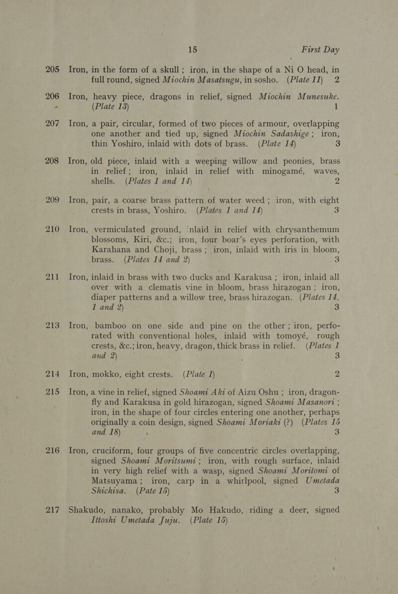 208 211 214 215 216 ONE) Iron, Iron, Iron, Iron, Iron, Iron, Iron, Iron, Iron, Iron, Iron, 15 First Day in the form of a skull; iron, in the shape of a Ni O head, in full round, signed Miochin Masatsugu,insosho. (Plate1l) 2 heavy piece, dragons in relief, signed Muiochin Munesuke. (Plate 13) 1 a pair, circular, formed of two pieces of armour, overlapping one another and tied up, signed Miochin Sadashige ; iron, thin Yoshiro, inlaid with dots of brass. (Plate 14) — 3 old piece, inlaid with a weeping willow and peonies, brass in relief; iron, inlaid in relief with minogamé, waves, Shells. (Plates 1 and 14) 2 pair, a coarse brass pattern of water weed ; iron, with eight crests in brass, Yoshiro. (Plates 1 and 14) 3 vermiculated ground, inlaid in relief with chrysanthemum blossoms, Kiri, &amp;c.; iron, four boar’s eyes perforation, with Karahana and Choji, brass; iron, inlaid with iris in bloom, brass. (Plates 14 and 2) 3 inlaid in brass with two ducks and Karakusa ; iron, inlaid all over with a clematis vine in bloom, brass hirazogan ; iron, diaper patterns and a willow tree, brass hirazogan. (Plates 14, I and 2) 3 bamboo on one side and pine on the other; iron, perfo- rated with conventional holes, inlaid with tomoyé, rough crests, &amp;c.; iron, heavy, dragon, thick brass in relief. (Plates 1 and 2) 3 mokko, eight crests. (Plate 1) 2 a vine in relief, signed Shoamt Aki of Aizu Oshu ; iron, dragon- fly and Karakusa in gold hirazogan, signed Shoami Masanort ; iron, in the shape of four circles entering one another, perhaps originally a coin design, signed Shoami Moriaki (?) (Plates 15 and 18) 8) cruciform, four groups of five concentric circles overlapping, signed Shoamt Moritsumi; iron, with rough surface, inlaid in very high relief with a wasp, signed Shoami Moritomi of Matsuyama; iron, carp in a whirlpool, signed Umetada Shichisa. (Pate 15) 3