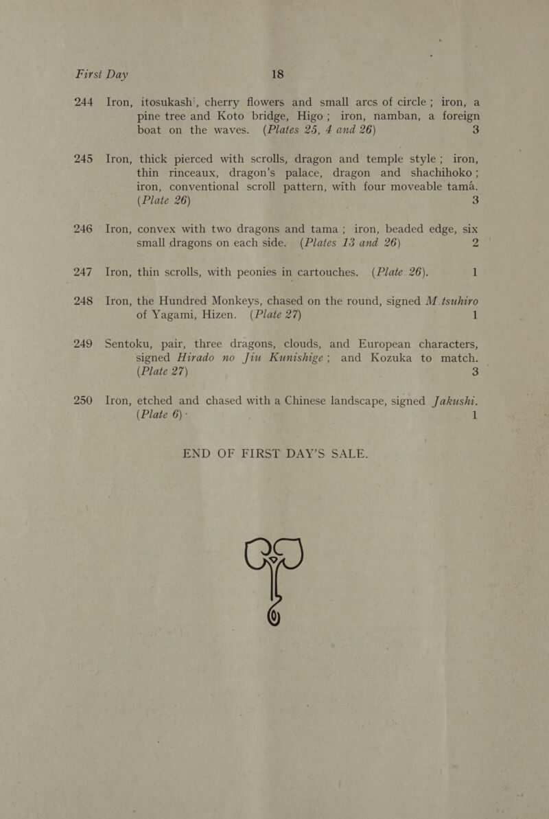 244 Iron, 245 Iron, itosukash’, cherry flowers and small arcs of circle; iron, a pine tree and Koto bridge, Higo; iron, namban, a foreign boat on the waves. (Plates 25, 4 and 26) 3 thick pierced with scrolls, dragon and temple style; iron, thin rinceaux, dragon’s palace, dragon and_ shachihoko ; iron, conventional scroll pattern, with four moveable tama. (Plate 26) 3 convex with two dragons and tama; iron, beaded edge, six small dragons on each side. (Plates 15 and 26) 2 thin scrolls, with peonies in cartouches. (Plate 26). 1 the Hundred Monkeys, chased on the round, signed M_tsuhiro of Yagami, Hizen. (Plate 27) | 1 signed Hirado no Jiu Kunishige; and Kozuka to match. — (Plate 27) 3 etched and chased with a Chinese landscape, signed Jakush. (Plate 6) - 1 END OF FIRST DAY’S SALE.