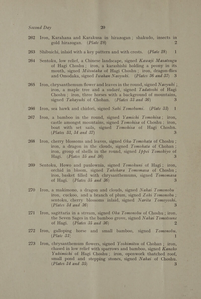 262 263 265 266 267 268 269 270 271 272 273 Iron, Karahana and Karakusa in hirazogan ; shakudo, insects in gold hirazogan. (Plate 28) 2 Shibuichi, inlaid with a key pattern and with crests. (Plate 28) 1 Sentoku, low relief, a Chinese landscape, signed Kawaji Masatsugu of Hagi Choshu; iron, a karashishi holding a peony in its mouth, signed Mitsutaka of Hagi Choshu; iron, dragon-flies and Omodaka, signed Iwahan Naoyuki. (Plates 36 and 37) 3 Iron, chrysanthemum flower and leaves in the round, signed Naoyukz ; iron, a maple tree and a sudaré, signed T7adatoshi of Hagi Choshu ; iron, three horses with a background of mountains, signed Takayuki of Chohan. (Plates 33 and 36) 3 Iron, sea hawk and chidori, signed Saki Tomobumi. (Plate 33) 1 Iron, a bamboo in the round, signed Yamicht Tomohisa ; iron, castle amongst mountains, signed Zomo/isa of Choshu.; iron, boat with set sails, signed TYomolisa of Hagi Choshu. (Plates 33, 34 and 37) 3 Iron, cherry blossoms and leaves, signed Oka: Tomokata of Choshu ; iron, a dragon in the clouds, signed ZYomokata of Chohan ; iron, group of shells in the round, signed [ppe1 Tomokivyo of Hagi. (Plates 35 and 36) 3 Sentoku, Howo and paulownia, signed Tomokuni of Hagi; iron, orchid in bloom, signed Takehara Tomomasa of Choshu ; iron, basket filled with chrysanthemums, signed Tomomasa of Hagi. (Plates 35 and 36) | 3 Iron, a makimono, a dragon and clouds, signed Nakai Tomonobu iron, cuckoo, and a branch of plum, signed Zaki Tomonobu ; sentoku, cherry blossoms inlaid, signed Narita Tomoyosh. (Plates 34 and 36). 3 Iron, sagittaria in a stream, signed Oka Tomonobu of Choshu ; iron, the Seven Sages in the bamboo grove, signed Nakai Tomotsune of Hagi. (Plates 35 and 36) vA Iron, galloping horse and_ small bamboo, signed Tomonobu. (Plate 33) 1 Iron, chrysanthemum flowers, signed Yoshimitsu of Chohan ; iron, chased in low relief with sparrows and bamboo, signed Kaneko Yukimicht of Hagi Choshu; iron, openwork thatched roof, small pond and stepping stonés, signed Nakai of Choshu.