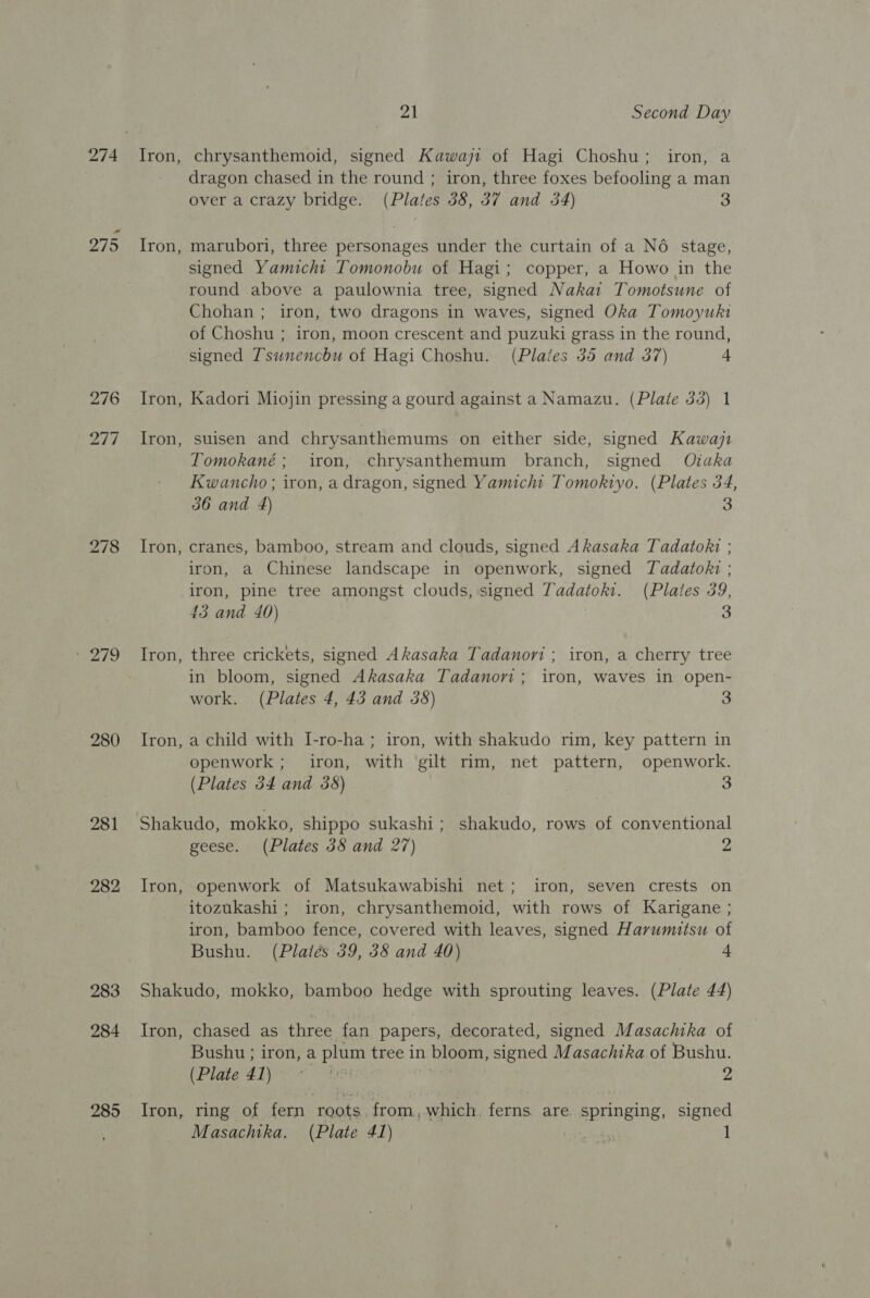 276 217 278 oy ¥ he] 280 281 282 283 284 285 21 Second Day Iron, chrysanthemoid, signed K awayr of Hagi Choshu; iron, a dragon chased in the round ; iron, three foxes befooling a man over a crazy bridge. (Plates 38, 37 and 354) 3 Iron, marubori, three personages under the curtain of a N6 stage, signed Yamicht Tomonobu of Hagi; copper, a Howo in the round above a paulownia tree, signed Nakai Tomotsune of Chohan ; iron, two dragons in waves, signed Oka Tomoyuki of Choshu ; iron, moon crescent and puzuki grass in the round, signed Tsunencbu of Hagi Choshu. (Plaies 35 and 37) 4 Iron, Kadori Miojin pressing a gourd against a Namazu. (Plate 33) 1 Iron, suisen and chrysanthemums on either side, signed Kawayjt Tomokané; iron, chrysanthemum branch, signed Ozaka Kwancho ; iron, a dragon, signed Yamicht Tomokiyo. (Plates 34, 36 and 4) Iron, cranes, bamboo, stream and clouds, signed Akasaka Tadatokt ; iron, a Chinese landscape in openwork, signed Tadatokz ; iron, pine tree amongst clouds, signed Zadatoki. (Plates 39, 43 and 40) 3 Iron, three crickets, signed Akasaka Tadanori ; iron, a cherry tree in bloom, signed Akasaka Tadanori; iron, waves in open- work. (Plates 4, 43 and 38) 3 Iron, a child with I-ro-ha ; iron, with shakudo rim, key pattern in openwork ; iron, with gilt rim, net pattern, openwork. (Plates 34 and 38) 3 Shakudo, mokko, shippo sukashi; shakudo, rows of conventional geese. (Plates 38 and 27) 2 Iron, openwork of Matsukawabishi net; iron, seven crests on itozukashi; iron, chrysanthemoid, with rows of Karigane ; iron, bamboo fence, covered with leaves, signed Harumitsu of Bushu. (Plates 39, 38 and 40) 4 Shakudo, mokko, bamboo hedge with sprouting leaves. (Plate 44) Iron, chased as three fan papers, decorated, signed Masachika of Bushu ; iron, a plum tree in bloom, signed Masachika of Bushu. (Pinta £1 Ae =e 2 Iron, ring of fern roots. from, which, ferns. are. springing, signed Masachika. (Plate 41) ,