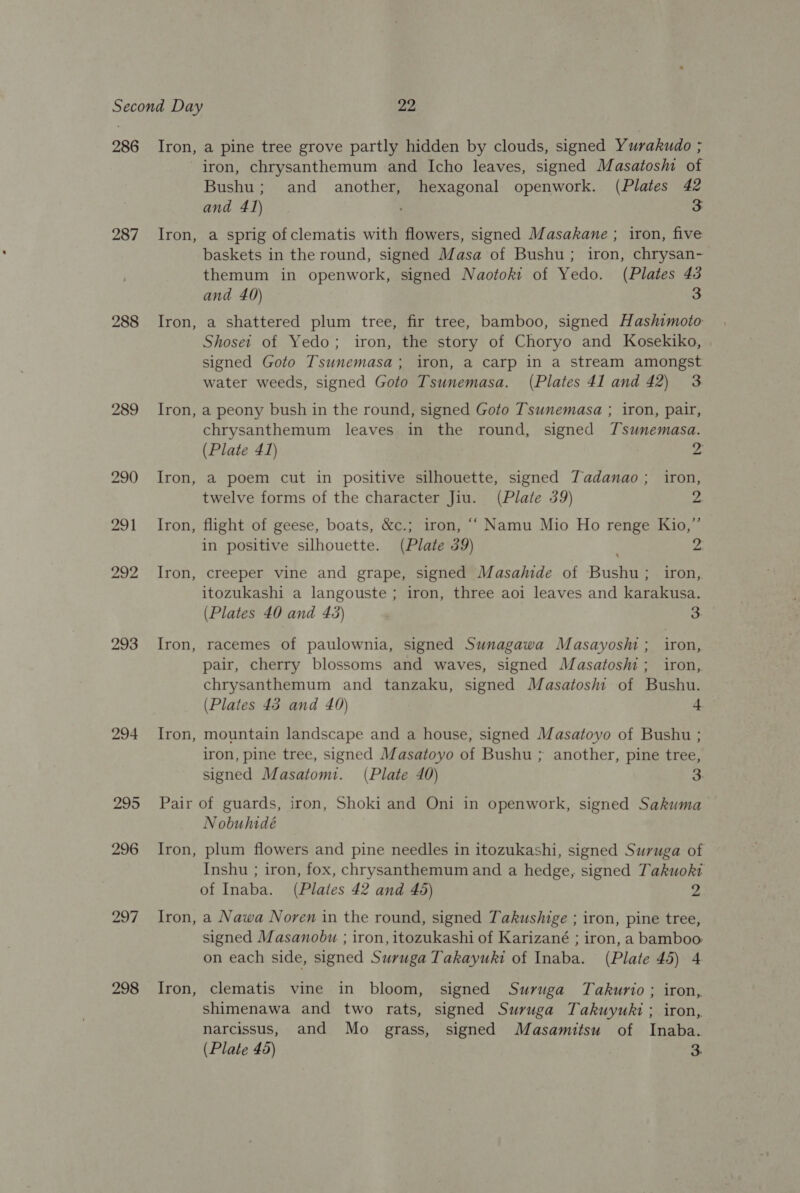 286 287 288 289 290 291 292 293 294 295 296 297 298 Iron, a pine tree grove partly hidden by clouds, signed Yurakudo ; iron, chrysanthemum and Icho leaves, signed Masatoshi of Bushu; and another, hexagonal openwork. (Plates 42 and 41) 3 Iron, a sprig of clematis with flowers, signed Masakane ; iron, five baskets in the round, signed Masa of Bushu; iron, chrysan- themum in openwork, signed Naotokt of Yedo. (Plates 43 and 40) 3 Iron, a shattered plum tree, fir tree, bamboo, signed Hashimoto Shoset of Yedo; iron, the story of Choryo and Kosekiko, signed Goto Tsunemasa; iron, a carp in a stream amongst water weeds, signed Goto Tsunemasa. (Plates 41 and 42) 3 Iron, a peony bush in the round, signed Goto Tswnemasa ; iron, pair, chrysanthemum leaves in the round, signed Jsunemasa. (Plate 41) yn Iron, a poem cut in positive silhouette, signed Yadanao ; iron, twelve forms of the character Jiu. (Plate 39) Z Iron, flight of geese, boats, &amp;c.; iron, ““ Namu Mio Ho renge Kio,”’ in positive silhouette. (Plate 39) ys Iron, creeper vine and grape, signed Masahide of Bushu; iron, itozukashi a langouste ; iron, three aoi leaves and karakusa. (Plates 40 and 43) 3 Iron, racemes of paulownia, signed Sunagawa Masayoshi ; iron, pair, cherry blossoms and waves, signed Masatoshi ; iron, chrysanthemum and tanzaku, signed Masatoshi of Bushu. (Plates 45 and 40) 4 Iron, mountain landscape and a house, signed Masatoyo of Bushu ; iron, pine tree, signed Masatoyo of Bushu ; another, pine tree, signed Masatom. (Plate 40) 3 Pair of guards, iron, Shoki and Oni in openwork, signed Sakuma Nobuhidé Iron, plum flowers and pine needles in itozukashi, signed Suruga of Inshu ; iron, fox, chrysanthemum and a hedge, signed Takuoki of Inaba. (Plates 42 and 45) 2 Iron, a Nawa Noren in the round, signed Takushige ; iron, pine tree, signed Masanobu ; iron, itozukashi of Karizané ; iron, a bamboo: on each side, signed Suruga Takayuki of Inaba. (Plate 45) 4 Iron, clematis vine in bloom, signed Suruga Takurio ; iron, shimenawa and two rats, signed Suruga Takuyuki ; iron, narcissus, and Mo grass, signed Masamitsu of Inaba. (Plate 45) 3.
