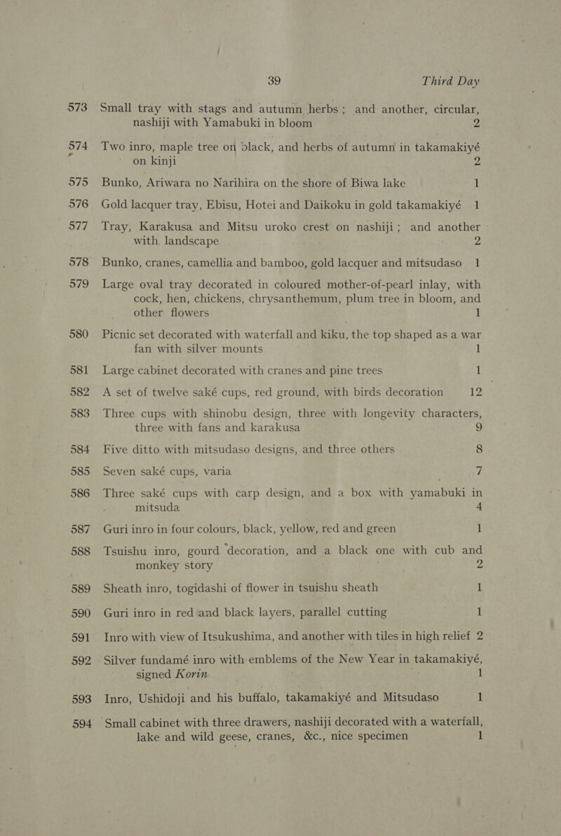 593 594 39 Third Day Small tray with stags and autumn herbs : and another, circular, nashiji with Yamabuki in bloom 2 Two inro, maple tree on black, and herbs of autumn in takamakiyé on kinji 2 Bunko, Ariwara no Narihira on the shore of Biwa lake 1 Gold lacquer tray, Ebisu, Hotei and Daikoku in gold takamakiyé 1 Tray, Karakusa and Mitsu uroko crest on nashiji ; and another - with, landscape 2 Bunko, cranes, camellia and. bamboo, gold lacquer and mitsudaso 1 Large oval tray decorated in coloured mother-of-pearl inlay, with cock, hen, chickens, chrysanthemum, plum tree in bloom, and other flowers 1 Picnic set decorated with waterfall and kiku, the top shaped as a war fan with silver mounts 1 Large cabinet decorated with cranes and pine trees 1 A set of twelve saké cups, red ground, with birds decoration 12 Three cups with shinobu design, three with longevity characters, three with fans and karakusa a Five ditto with mitsudaso designs, and three others 8 Seven saké cups, varia 7 Three saké cups with carp design, and a box with yamabuki in mitsuda 4 Guri inro in four colours, black, yellow, red and green 1 Tsuishu inro, gourd ‘decoration, and a black one with cub and monkey story 2 Sheath inro, togidashi of flower in tsuishu sheath 1 Guri inro in red and black layers, parallel cutting 1 Inro with view of Itsukushima, and another with tiles in high relief 2 Silver fundamé inro with emblems of the New Year in takamakiyé, signed Korin 7 a 1 Inro, Ushidoji and his buffalo, takamakiyé and Mitsudaso 1