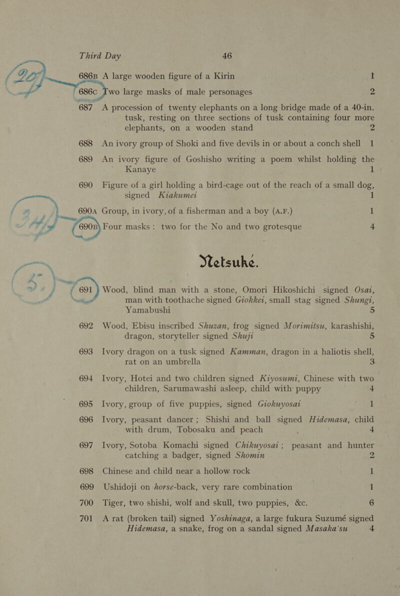 686B A large wooden figure of a Kirin 1 Tease Sve large masks of male personages 2 687 A procession of twenty elephants on a long bridge made of a 40-in. % Tee tusk, resting on three sections of tusk containing four more elephants, on a wooden stand 2 689 An ivory figure of Goshisho writing a poem whilst holding the ' Kanaye 1 690 Figure of a girl holding a bird-cage out of the reach of a small dog, signed Kzakumet 1 690A Group, in ivory, of a fisherman and a boy (A.F.) 1 690B\ Four masks: two for the No and two grotesque 4 / Stetsuke. 691 gene blind man with a stone, Omori Hikoshichi signed Osai, man with toothache signed Giokke1, small stag signed Shungzt, Yamabushi 692 Wood, Ebisu inscribed Shuzan, frog signed Morimitsu, karashishi, dragon, storyteller signed Shuji 5 693 Ivory dragon on a tusk signed Kamman, dragon in a haliotis shell, rat on an umbrella 3 694 Ivory, Hotei and two children signed Kiyosum1, Chinese with two children, Sarumawashi asleep, child with puppy a 695 Ivory, group of five puppies, signed Gzokwyosat hee 696 Ivory, peasant dancer; Shishi and ball signed Hidemasa, child with drum, Tobosaku and peach 4 697 Ivory, Sotoba Komachi signed Chikuyosai; peasant and hunter catching a badger, signed Shomin 2. 698 Chinese and child near a hollow rock 1 699 Ushidoji on horse-back, very rare combination 1 700 Tiger, two shishi, wolf and skull, two puppies, &amp;c. 6 701 <A rat (broken tail) signed Yoshinaga, a large fukura Suzumé signed