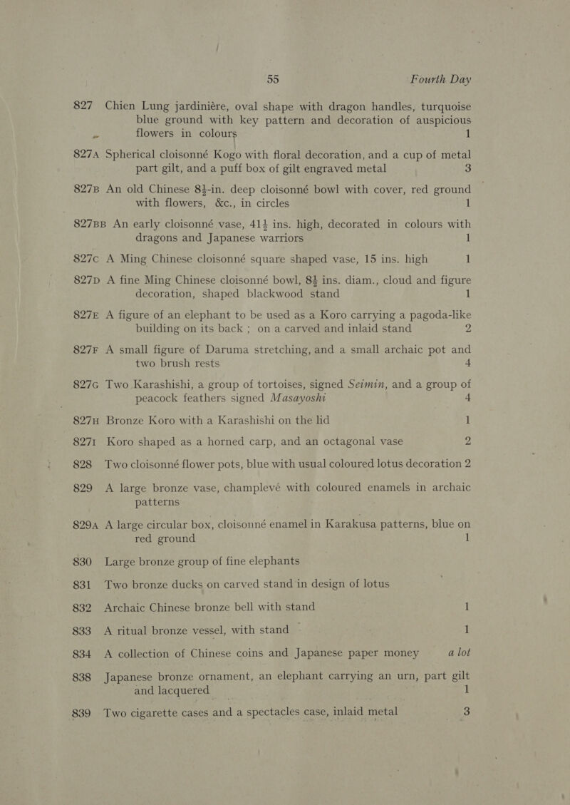 827 Chien Lung jardiniére, oval shape with dragon handles, turquoise blue ground with key pattern and decoration of auspicious flowers in colours 1 - 827A Spherical cloisonné Kogo with floral decoration, and a cup of metal part gilt, and a puff box of gilt engraved metal 3 827B An old Chinese 84-in. deep cloisonné bowl with cover, red ground with flowers, &amp;c., in circles ag 827BB An early cloisonné vase, 414 ins. high, decorated in colours with dragons and Japanese warriors 1 827c A Ming Chinese cloisonné square shaped vase, 15 ins. high 1 827D A fine Ming Chinese cloisonné bowl, 84 ins. diam., cloud and figure decoration, shaped blackwood stand 1 827 A figure of an elephant to be used as a Koro carrying a pagoda-like building on its back ; on a carved and inlaid stand 2 827F A small figure of Daruma stretching, and a small archaic pot and two brush rests 4 827G Two Karashishi, a group of tortoises, signed Sesmin, and a group of peacock feathers signed Masayoshi 827H Bronze Koro with a Karashishi on the lid 1 8271 Koro shaped as a horned carp, and an octagonal vase 2 828 Two cloisonné flower pots, blue with usual coloured lotus decoration 2 829 <A large bronze vase, champlevé with coloured enamels in archaic patterns 829A A large circular box, cloisonné enamel in Karakusa patterns, blue on red ground 1 830 Large bronze group of fine elephants 831 Two bronze ducks on carved stand in design of lotus 832 Archaic Chinese bronze bell with stand 1 833 A ritual bronze vessel, with stand | 1 834 <A collection of Chinese coins and Japanese paper money a lot 838 Japanese bronze ornament, an elephant carrying an urn, part gilt _ and lacquered 1 839 Two cigarette cases and a spectacles case, inlaid metal | kit,