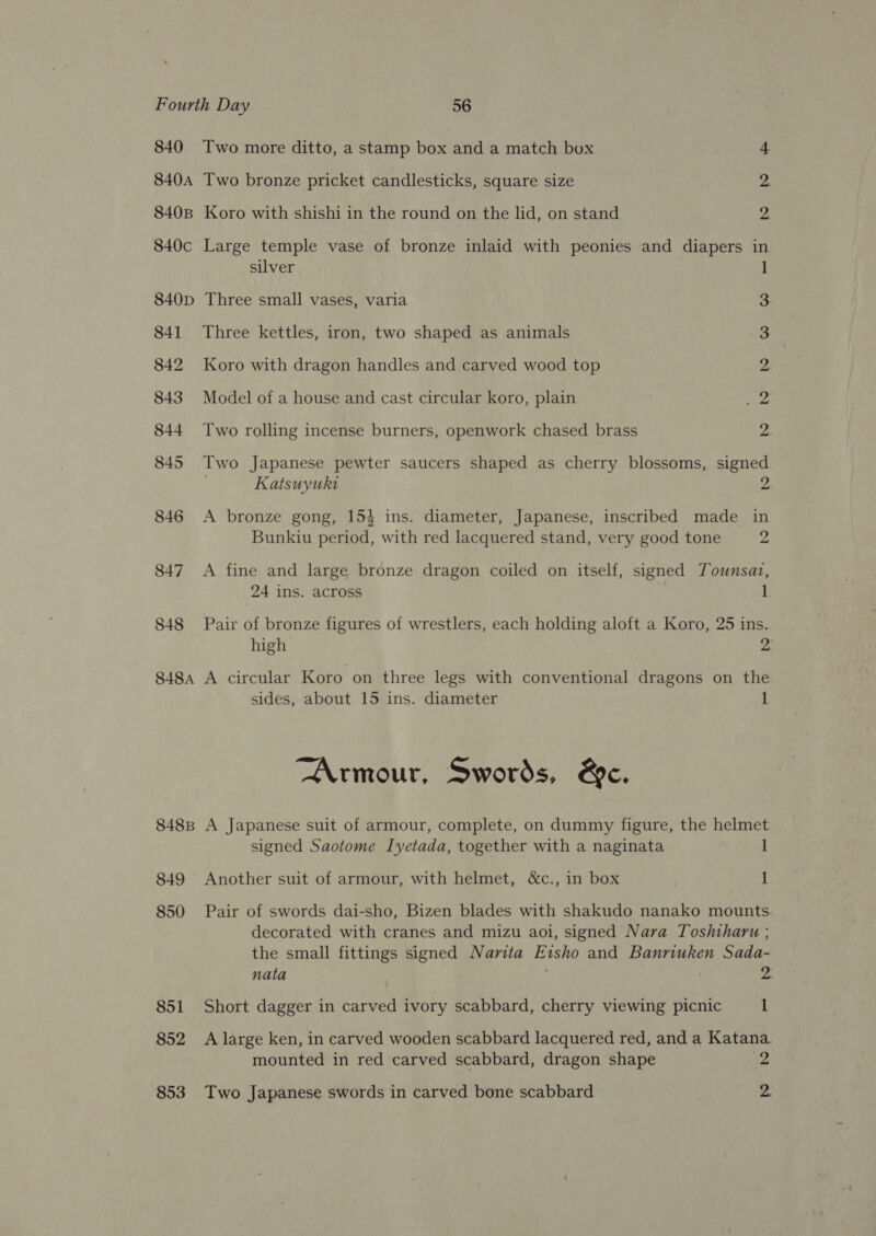840A 840B 840c 840D 841 842 843 844 845 846 847 848 848A 848B 849 850 851 852 853 Two bronze pricket candlesticks, square size 2, Koro with shishi in the round on the lid, on stand 2 Large temple vase of bronze inlaid with peonies and diapers in silver Three small vases, varia Three kettles, iron, two shaped as animals Koro with dragon handles and carved wood top Model of a house and cast circular koro, plain bo RP BS. oe Two rolling incense burners, openwork chased brass Two Japanese pewter saucers shaped as cherry blossoms, signed j Katsuyuki A bronze gong, 15} ins. diameter, Japanese, inscribed made in Bunkiu period, with red lacquered stand, very good tone 2 A fine and large bronze dragon coiled on itself, signed Tounsaz, 24 ins. across ] Pair of bronze figures of wrestlers, each holding aloft a Koro, 25 ins. high 2. A circular Koro on three legs with conventional dragons on the sides, about 15 ins. diameter 1 Armour, Swords, &amp;c. A Japanese suit of armour, complete, on dummy figure, the helmet signed Saotome Ivyetada, together with a naginata 1 Another suit of armour, with helmet, &amp;c., in box 1 Pair of swords dai-sho, Bizen blades with shakudo nanako mounts. decorated with cranes and mizu aoi, signed Nara Toshtharu ; the small fittings signed Narita Eisho and Banriuken Sada- nata z. Short dagger in carved ivory scabbard, cherry viewing picnic 1 A large ken, in carved wooden scabbard lacquered red, and a Katana mounted in red carved scabbard, dragon shape 2 Two Japanese swords in carved bone scabbard 2.