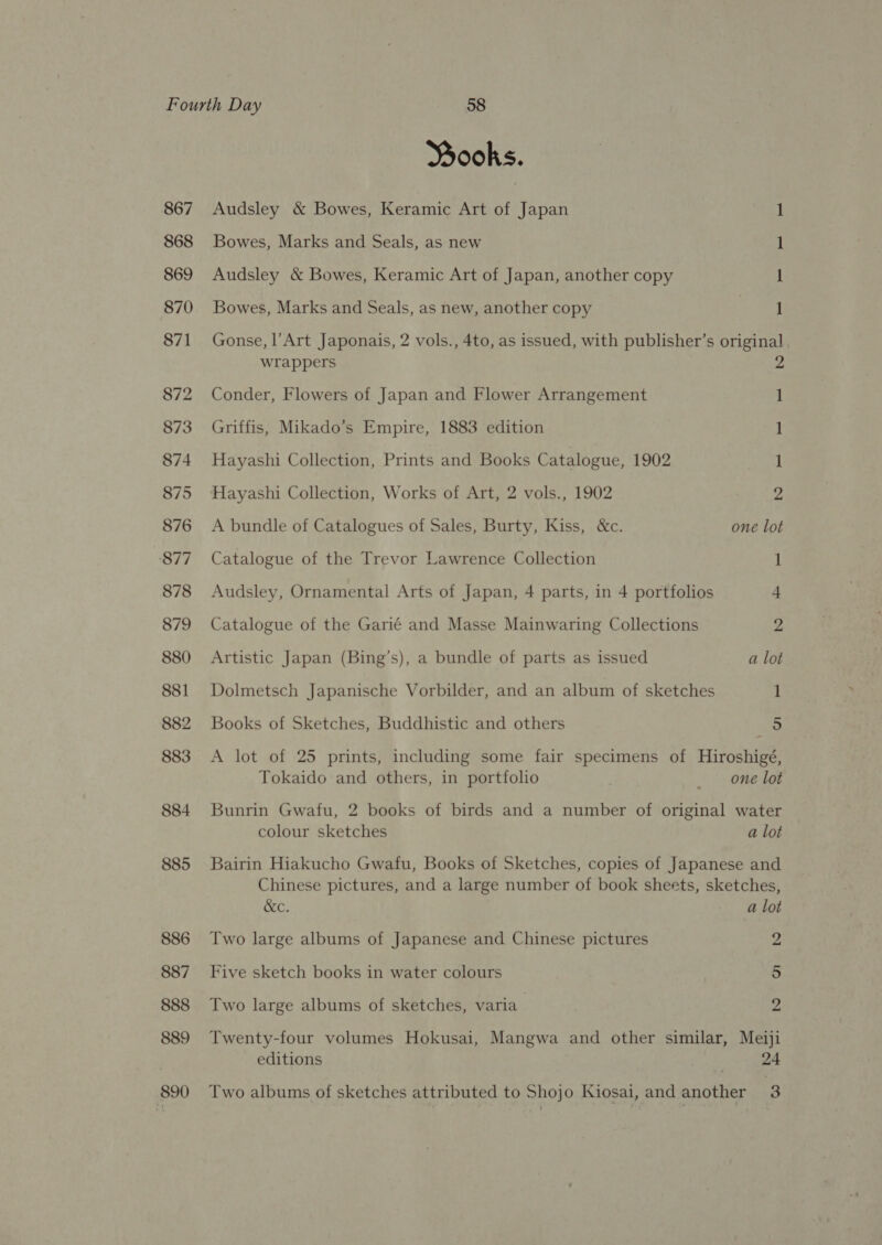 867 868 869 870 871 872 873 874 875 876 ‘877 878 879 880 881 882 883 884 885 886 887 888 889 890 Books. Audsley &amp; Bowes, Keramic Art of Japan Bowes, Marks and Seals, as new Audsley &amp; Bowes, Keramic Art of Japan, another copy ae ee Bowes, Marks and Seals, as new, another copy Gonse, l’Art Japonais, 2 vols., 4to, as issued, with publisher’s original wrappers Conder, Flowers of Japan and Flower Arrangement 1 Griffis, Mikado’s Empire, 1883 edition 1 Hayashi Collection, Prints and Books Catalogue, 1902 1 Hayashi Collection, Works of Art, 2 vols., 1902 z A bundle of Catalogues of Sales, Burty, Kiss, &amp;c. one lot Catalogue of the Trevor Lawrence Collection 1 Audsley, Ornamental Arts of Japan, 4 parts, in 4 portfolios 4 Catalogue of the Garié and Masse Mainwaring Collections 2 Artistic Japan (Bing’s), a bundle of parts as issued a lot Dolmetsch Japanische Vorbilder, and an album of sketches 1 Books of Sketches, Buddhistic and others 5 A lot of 25 prints, including some fair specimens of Hiroshigé, Tokaido and others, in portfolio | _ one lot Bunrin Gwafu, 2 books of birds and a number of original water colour sketches a lot Bairin Hiakucho Gwafu, Books of Sketches, copies of Japanese and Chinese pictures, and a large number of book sheets, sketches, cae a lot Two large albums of Japanese and Chinese pictures 2 Five sketch books in water colours 5 Two large albums of sketches, varia | 2 Twenty-four volumes Hokusai, Mangwa and other similar, Meiji editions Fis 24 Two albums of sketches attributed to Shojo Kiosai, and another 3