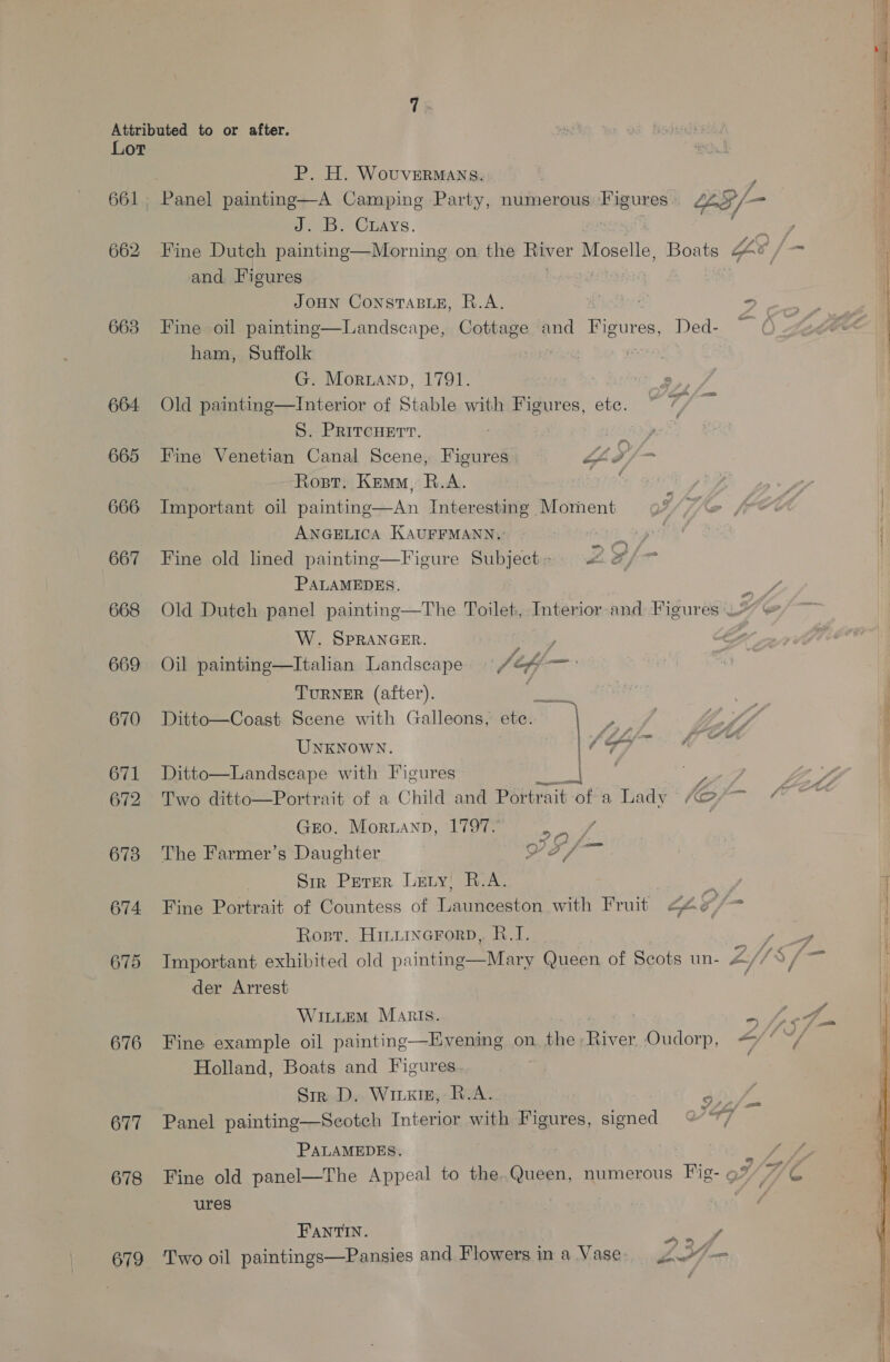 Lor 661 662 663 664 665 666 667 668 669 670 671 672 673 674 675 676 677 678 679 P. H. WouvERMANS. J) .b. CLAYS. and Figures JOHN CONSTABLE, R.A, Fine oil painting—Landscape, Cottage and Figures, Ded- ham, Suffolk ears D G. Moruanp, 1791. Old painting—Interior of Stable with Figures, etc. S. PRITCHETT. ANG Fine Venetian Canal Scene, Figures. LL s/— Rost, Keun, R.A. gia Important oil paintinge—An Interesting Moment ANGELICA KAUFFMANN. Fine old lined paintinge—Figure Subject» ZS PALAMEDES.  — << W. SPRANGER. ; Oil painting—Italian Landscape /ch vie _ TurNER (after). tons Ditto—Coast Scene with Galleons, ete. oe UNKNOWN. ays Ditto—Landscape with Figures  Gro. Morianp, 1797. 20) The Farmer’s Daughter VF /f— Sir Perer Lery, R.A. Rost, Hitimnerorp, B.I. Important exhibited old painting—Mary Queen of Scots un- der Arrest WILLeM Maris. Fine example oil painting—Evening on the River Oudorp, Holland, Boats and Figures Sir D. Wiixin, R.A. Panel painting—Scotch Interior with Figures, a PALAMEDES. ures FAntiINn. ater Two oil paintings—Pansies and Flowers ina Vase. 2.