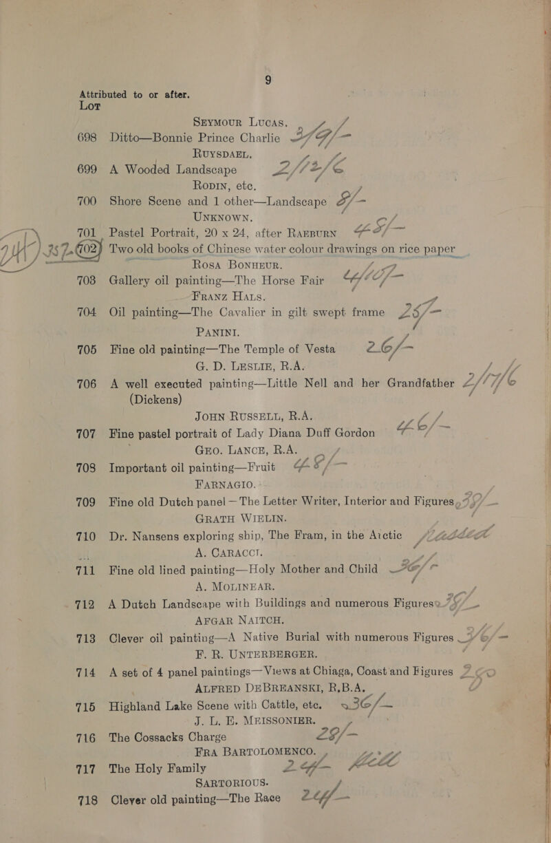 699 700 703 704. 705 706 707 708 709 710 711 712 713 714 715 716 717 718 Seymour Lucas. . + A RUYSDAEL, aaa A Wooded Landscape eft 2, Ke 7 Roop, etc. Shore Scene and 1 other—Landscape 5/- UNKNOWN. oC Pastel Portrait, 20 x 24, after Ramnurn “?/ Two old books of Chinese water colour crowns on rice paper Rosa Bonuevr. LF Gallery oil paintinge—The Horse Fair LE/¢C fe S: Franz Hats. é Oil painting—The Cavalier in gilt swept frame 25- | PANINI. ah Fine old painting—The Temple of Vesta 2.6/- G. D. LESLIE, R.A. ; fice A well executed painting—Little Nell and her Grandfather “fli b (Dickens) Bay JOHN RUSSELL, R.A. Fine pastel portrait of Lady Diana Duff Gordon Gro. LANCE, R.A. 7 Important oil painting—Fruit of. o / ; FARNAGIO. Fine old Dutch panel — The Letter Writer, Interior and Figures of, y GRATH WIELIN. | Dr. Nansens exploring ship, The Fram, in the Aictic fir tii oe A. CARACCT. ; ie Fine old lined painting—Holy Mother and Child IG, “s A. MoLINEAR. : &amp; A Dutch Landscape with Buildings and numerous Figures® qf a AFGAR NAITCH. Clever oil painting—A Native Burial with numerous Figures _y¥ 6/— F. R. UNTERBERGER. Lae A set of 4 panel paintings— Views at Chiaga, Coast and Higures 7 ALFRED DEBREANSKI, R,B.A. Highland Lake Scene with Cattle, ete. 336, le J. L. E. MEISSONIER. ; The Cossacks Charge Z25/ — FRA BARTOLOMENCO. , gf otf i Bs The Holy Family z G- cer SARTORIOUS Cleyer old painting—The Race 2i4/- , f ¢ A