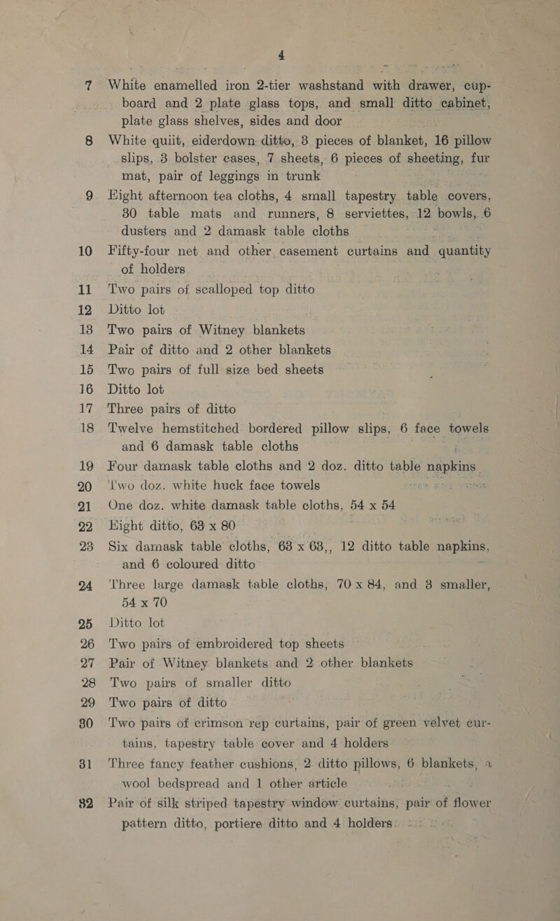 10 11 12 1B 14 15 16 17 18 19 20 21 23 24 25 26 27 28 29 80 31 4 White enamelled iron 2-tier washstand with drawer, cup- _ board and 2 plate glass tops, and small ditto cabinet, plate glass shelves, sides and door White quit, eiderdown ditto, 8 pieces of blanket, 16 pillow slips, 3. bolster cases, 7 sheets, 6 pieces of sheeting, fur mat, pair of ieee in trunk Eight afternoon tea cloths, 4 small tapestry _ table covers, 30 table mats and runners, 8 serviettes, 12 bowls, 6 dusters and 2 damask table cloths 4 Fifty-four net and other. casement curtains and quantity of holders Ditto lot Two pairs of Witney blankets | Pair of ditto and 2 other blankets Two pairs of full size bed sheets Ditto lot Three pairs of ditto Twelve hemstitched bordered pillow slips, ue) face towels and 6 damask table cloths Four damask table cloths and 2 doz. ditto table ¢ napkins ‘wo doz. white huck face towels AF nee One doz. white damask table cloths, 54 x 54 Six damask table cloths, 68x 68,, 12 ditto table napkins, and 6 coloured ditto | a ‘Three large damask table cloths, 70x 84, and 3 smaller, 54 x 70 Ditto lot Two pairs of embroidered top sheets Pair of Witney blankets and 2 other blankets Two pairs of smaller ditto Two pairs of ditto | Two pairs of crimson rep curtains, pair of green velvet cur- tains, tapestry table cover and 4 holders Three fancy feather cushions, 2 ditto pillows, 6 blankets, 4 wool bedspread and 1 other article he Pair of silk striped tapestry window curtains, pair of flower pattern ditto, portiere ditto and 4 holders. 2. =