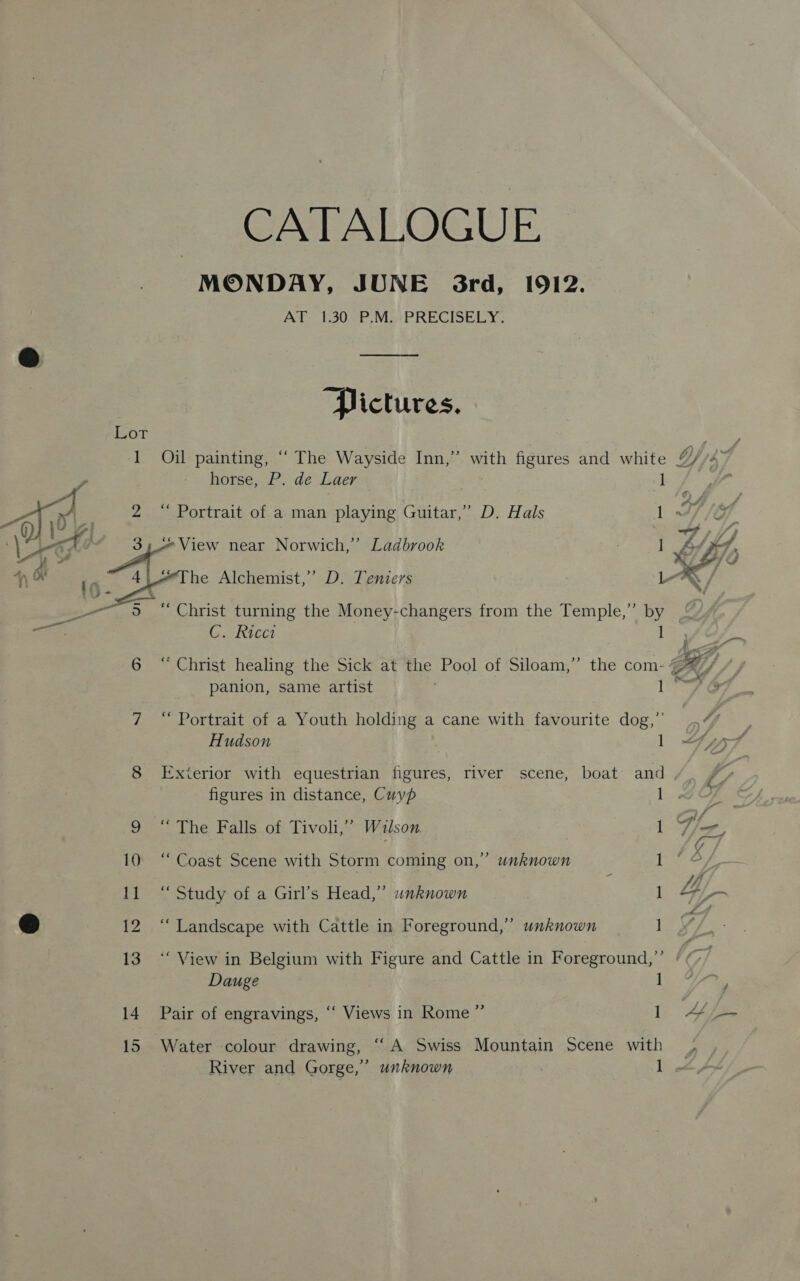 CATALOGUE MONDAY, JUNE 3rd, 1912. At LOAF Wie’ PRECISE: oe River and Gorge,” unknown 1  | Pictures. Lor =e 1 Oil painting, ‘‘ The Wayside Inn,” with figures and white &amp; , hotse, 2: de Laer J A | 2 “ Portrait of a man playing Guitar,” D. Hals I L oa i | — near Norwich,’ Ladbrook | | b a ; tc 4\ “The Alchemist,’ D. Teniers | Y- ag a pes 5.” Christ turning the Money-changers from the Temple,” by C. Rice 1 Ye. 6 “ Christ healing the Sick at the Pool of Siloam,” the com- nb f panion, same artist ; jhe 7 “ Portrait of a Youth holding a cane with favourite dog,” _ Hudson 1 fy 8 Exterior with equestrian figures, river scene, boat and ‘fs figures in distance, Cuyp 1 is) 9 “The Falls of Tivoli,” Wilson 1 rer, G 10 “ Coast Scene with Storm coming on,’ unknown eae, : yy, 11 “Study of a Girl’s Head,” unknown 1 44- 12 “Landscape with Cattle in Foreground,” unknown Eat 13 *‘ View in Belgium with Figure and Cattle in Foreground,” (¢ Dauge ] ty 14 Pair of engravings, ‘‘ Views in Rome ” 1 4, 15 Water colour drawing, “A Swiss Mountain Scene with