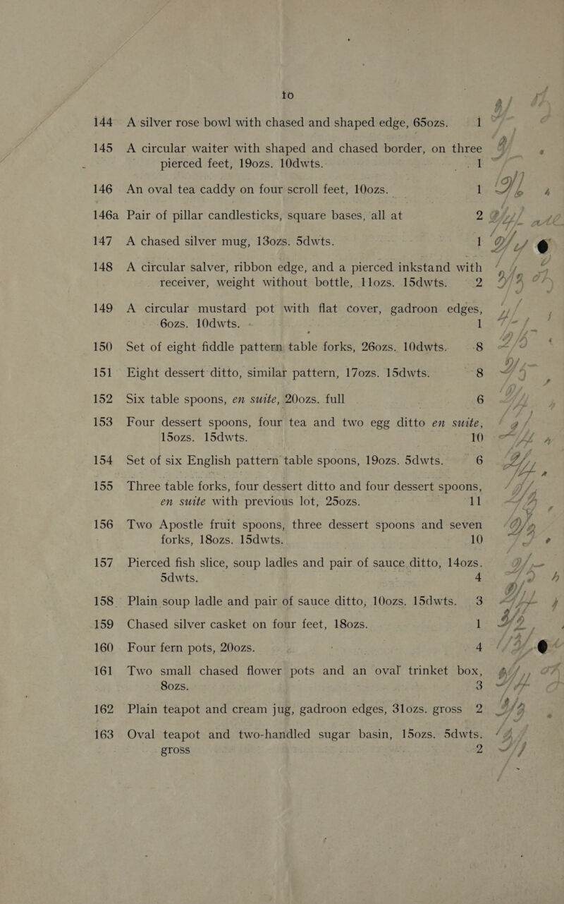 144 A silver rose bowl with chased and shaped edge, 65ozs. 1 145 A circular waiter with shaped and chased border, on three pierced feet, 190zs. 10dwts. ets 146 An oval tea caddy on four scroll feet, 1Oozs. Re, 1 146a Pair of pillar candlesticks, square bases, all at 2 ¢ 147. A chased silver mug, 13ozs. 5dwts. 1 148 A circular salver, ribbon edge, and a pierced inkstand with receiver, weight without bottle, llozs. 15dwts. 2 149 A circular mustard pot with flat cover, gadroon edges, 6ozs. 10dwts. » | 1 150 Set of eight-fiddle pattern table forks, 26o0zs. 10dwts. 8 151 Eight dessert ditto, similar pattern, 17ozs. 15dwts. 8 152 Six table spoons, en smite, 20ozs. full : 6 153 Four dessert spoons, four tea and two egg ditto en suite, l5o0zs. 15dwts. 10 154 Set of six English pattern table spoons, 190zs. 5dwts. 6 155 Three table forks, four dessert ditto and four dessert spoons, en suite with previous lot; 25o0zs. 3 2 156 Two Apostle fruit spoons, three dessert spoons and seven 7 forks, 180zs. 15dwts. 7 10 157 Pierced fish slice, soup ladles and pair of sauce ditto, 14ozs. 5dwts. 4 158. Plain soup ladle and pair of sauce ditto, 100zs. 15dwts. 3 159 Chased silver casket on four feet, 18o0zs. 1 160 Four fern pots, 20ozs. a 4 161 Two small chased flower pots and an oval trinket box, Sozs. 3 162 Plain teapot and cream jug, gadroon edges, 3lozs. gross 2 163. Oval teapot and two-handled sugar basin, fe) l5o0zs. 5dwts. =) af a
