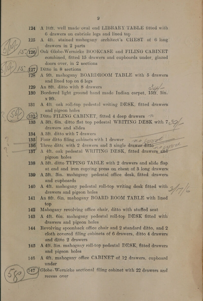 a ) 124 A 10ft. well made oval end LIBRARY TABLE fitted with 125 <A 4ft. stained mahogany architect's CHEST of 6 long , drawers in 2 parts “496 ) Oak Globe-Wernicke BOOKCASE and FILING CABINET ~ combined, fitted 15 drawers and cupboards under, glazed doors over, in 2 sections and lined top on 6 legs 129 An 8ft. ditto with 8 drawers Zs es 180 Bordered light ground hand made Indian carpet, 15ft, 8in. x Oft. 181 A 4ft. oak roll-top pedestal writing DESK, fitted drawers and pigeon holes 138 A 3it. 6in, ditto flat top pedestal WRITING DESK with 7, drawers and slides 1384 A 3ft. ditto with 7 drawers 185! Four ditto filing vabinets with 1 drawer - Z 136 Three dittc with 2 drawers and 3 single dined atte a b % eR i \ \ pigeon holes 188 A 3ft. ditto TYPING TABLE with 2 drawers and slide flap at end and iron copying press on chest of 8 long drawers 189 A dft. 8in. mahogany pedestal office desk, fitted drawers and cupboards drawers and pigeon holes top 142 Mahogany revolving office chair, ditto with stuffed seat 148 A 4ft. 6in. mahogany pedestal roll-top DESK fitted with - drawers and pigeon holes : 144 Revolving spoonback office chair and 2 standard ditto, and 2 loth covered filing cabinets of 6 drawers, ditto 4 drawers and ditto 2 drawers 145 A 4ft. 3in. mahogany roll-top pedestal DESK, fitted drawers and pigeon holes 146 A 4ft. mahogany office CABINET of 12 drawers, cupboard under 47, oF he Wernicke sectional filing cabinet with 22 drawers and recess over