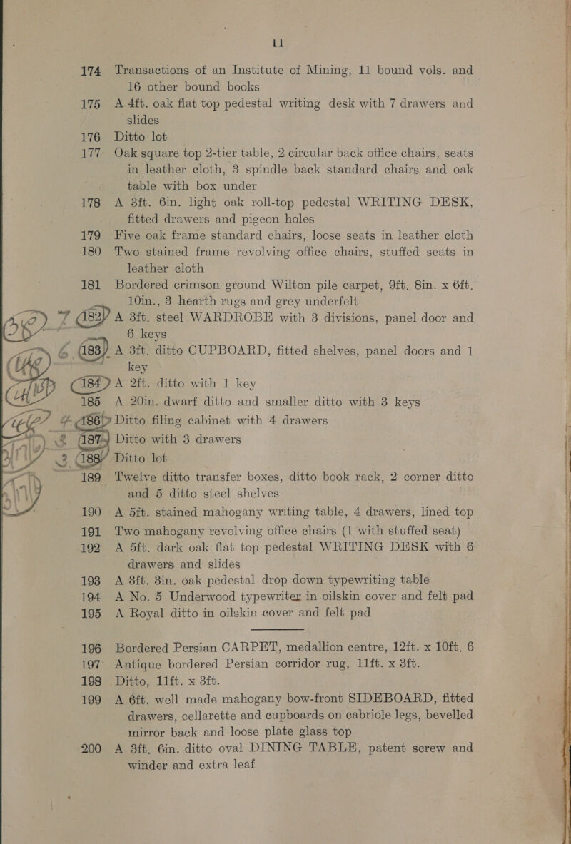  175 177 178 180 181 Ll 16 other bound books A 4ft. oak flat top pedestal writing desk with 7 drawers and slides Oak square top 2-tier table, 2 circular back office chairs, seats in leather cloth, 3 spindle back standard chairs and oak table with box under Two stained frame revolving office chairs, stuffed seats in leather cloth Bordered crimson ground Wilton pile carpet, 9ft. Sin. x 6ft. 10in., 3 hearth rugs and erey underfelt 185   200 6 keys key A 20in. dwarf ditto and smaller ditto with 3 keys Ditto lot Twelve ditto transfer boxes, ditto book rack, 2 corner ditto and 5 ditto steel shelves A 5ft. stained mahogany writing table, 4 drawers, lined top Two mahogany revolving office chairs (1 with stuffed seat) A 5ft. dark oak flat top pedestal WRITING DESK with 6 drawers. and slides | A 8ft. 3in. oak pedestal drop down typewriting table A No. 5 Underwood typewriter in oilskin cover and felt pad A Royal ditto in oilskin cover and felt pad Bordered Persian CARPET, medallion centre, 12ft. x 10ft. 6 Antique bordered Persian corridor rug, 11ft. x 3ft. Ditto, 11ft. x 3ft. A 6ft. well made mahogany bow-front SIDEBOARD, fitted drawers, cellarette and cupboards on cabriole legs, bevelled mirror back and loose plate glass top A 3ft. 6in. ditto oval DINING TABLE, patent screw and winder and extra leaf
