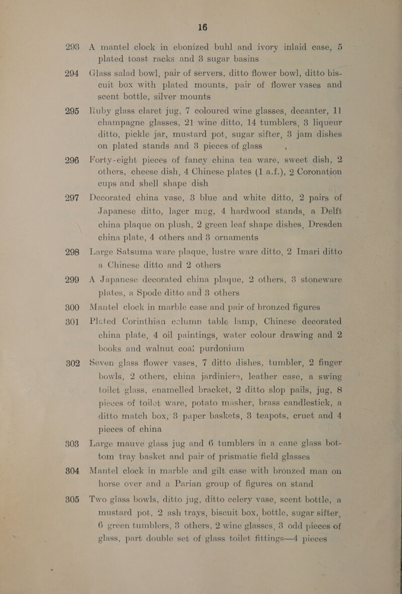 294 295 297 298 299 800 B01 302 803 804 305 16 plated toast racks and 8 sugar basins | Glass salad bowl, pair of servers, ditto flower bowl, ditto bis- cuit box with plated mounts, pair of flower vases and scent bottle, silver mounts iuby glass claret jug, 7 coloured wine glasses, decanter, 11 champagne glasses, 21 wine ditto, 14 tumblers, 8 liqueur ditto, pickle jar, mustard pot, sugar sifter, 3 jam dishes on plated stands and 3 pieces of glass Forty-eight pieces of fancy china tea ware, sweet dish, 2 others, cheese dish, 4 Chinese plates (1 a.f.), 2 Coronation cups and shell shape dish Decorated china vase, 8 blue and white ditto, 2 pairs of Japanese ditto, lager mug, 4 hardwood stands, a Delft china plaque on plush, 2 green leaf shape dishes, Dresden china plate, 4 others and 8 ornaments Large Satsuma ware plaque, lustre ware ditto, 2 Imari ditto a Chinese ditto and 2 others A Japanese decorated china plaque, 2 others, 3 stoneware plates, a Spode ditto and 8 others Mantel clock in marble case and pair of bronzed figures Plated Corinthian cclimn table lamp, Chinese decorated china plate, 4 oil paintings, water colour drawing and 2 books and walnut coai purdonium Seven glass flower vases, 7 ditto dishes, tumbler, 2 finger bowls, 2 others, china jardiniers, leather cage, a swing toilet glass, enamelled bracket, 2 ditto slop pails, jug, 8 pieves of toilet ware, potato masher, brass candlestick, a ditto match box, 8 paper baskets, 8 teapots, cruet and 4 pieces of china Large mauve glass jug and 6 tumblers in a cane glass bot- tom tray basket and pair of prismatic field glasses Mantel clock in marble and gilt case with bronzed man on horse over and a Parian group of figures on stand Two glass bowls, ditto jug, ditto celery vase, scent bottle, a mustard pot, 2 ash trays, biscuit box, bottle, sugar sifter , 6 green tumblers, 38 others, 2 wine glasses, 8 odd pieces of glass, part double set of glass toilet fittings—4 pieces