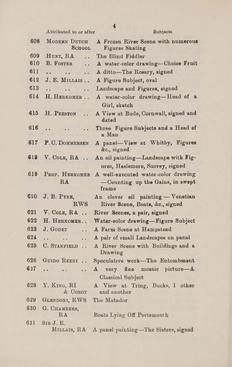 609 610 611 612 613 614 615 616 617 618 619 620 621 622 623 624 625 626 627 628 629 630 631 SCHOOL Hunt, RA B, Foster J. KE. Mivuais .. H. HERKoMER .. H. Preston P. C, DoMMERSEN V.Corz, RA .. Pror. HERKoMER RA J. B. Pyng, RWS V. Coxtz, RA .. H. HERKoMER.. J. GoDET C. STANFIELD .. Guipo REENI . ee ee) Y,. Kine, RI &amp; Coror GuLEeNDoNI, RWS G, CHAMBERS, RA Sir J. E. Miuuais, RA 4 Subjects Figures Skating The Blind Fiddler A water-color drawing—Choice Fruit A ditto—The Rosary, signed A Figure Subject, oval Landscape and Figures, signed A water-color drawing—Head of a Girl, sketch A View at Bude, Cornwall, signed and dated Three Figure Subjects and a Head of a Man A panel—View at Whitby, Figures &amp;c., signed An oil painting— Landscape with Fig- ures, Haslemere, Surrey, signed A well-executed water-color drawing —Counting up the Gains, in swept frame An clever oil painting — Venetian River Scene, Boats, &amp;c., signed River Scenes, a pair, signed Water-eolor drawing—Figure Subject A Farm Scene at Hampstead A pair of small Landscapes on panel A River Scene with Buildings and a Drawing Speculative work—The Hntombment A very fine mosaic picture—A Classical Subject A View at Tring, Bucks, 1 other and another The Matador Boats Lying Off Portsmouth A panel painting—The Sisters, signed