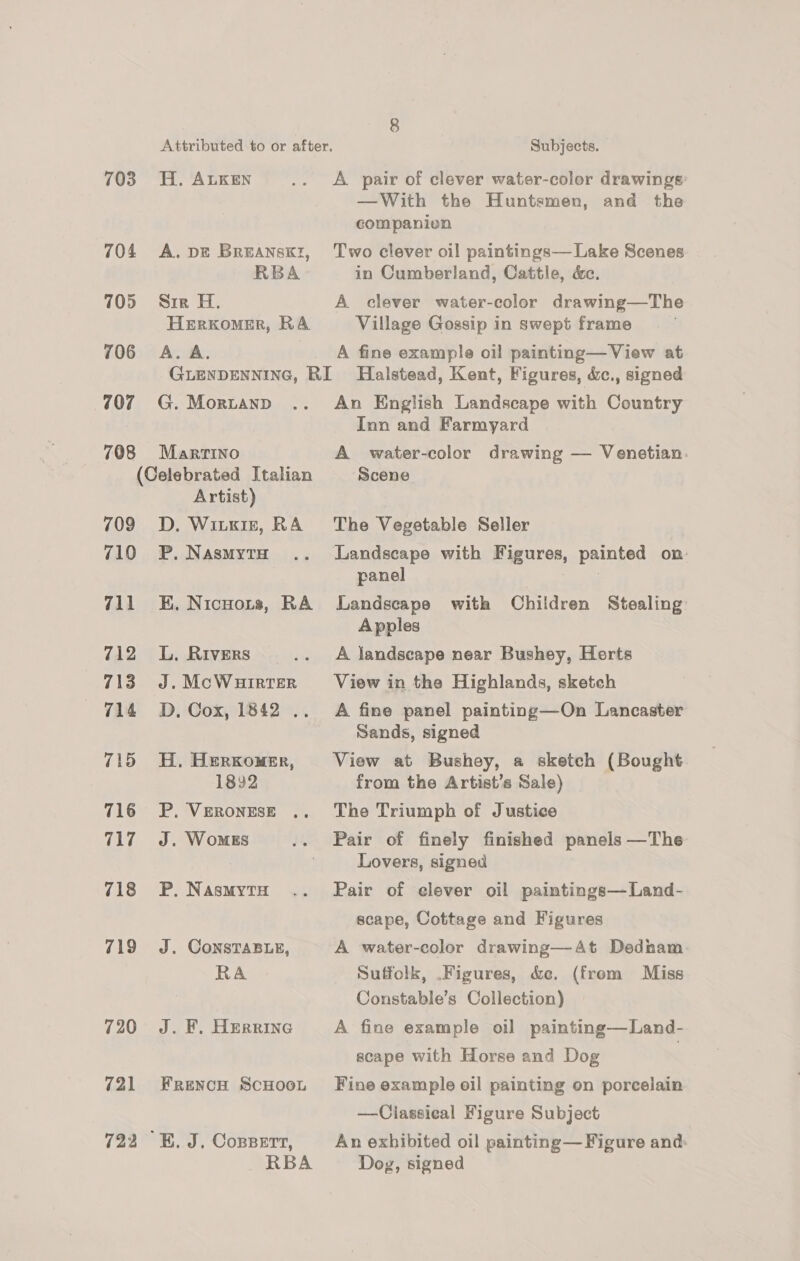 703 704 705 706 707 708 Attributed to or after. Subjects. H. ALKEN .. A pair of clever water-color drawings —With the Huntsmen, and the companion A. pt Breansxz, Two clever oil paintings—Lake Scenes RBA in Cumberland, Cattle, &amp;. Sir H. A. clever water-color drawing—The Herkomer, RA Village Gossip in swept frame A. A. A fine example oil painting—View at GLENDENNING, RI Halstead, Kent, Figures, dc., signed G. Mortanp .. An English Landscape with Country Inn and Farmyard Martino A water-color drawing — Venetian. 709 710 711 712 713 714 715 716 (aly! 718 719 720 721 722 Artist) D. Wikis, RA The Vegetable Seller P. NasmytH .. Landscape with Figures, painted on panel K. Nicuots, RA Landscape with Children Stealing Apples L. Rivers .. A landscape near Bushey, Herts J.McWuirter View in the Highlands, sketch D. Cox, 1842 .. A fine panel painting—On Lancaster Sands, signed H. Herxomer, View at Bushey, a sketch (Bought. 1832 from the Artist’s Sale) P. VERONESE .. The Triumph of Justice J. WomEs .. Pair of finely finished panels —The Lovers, signed P. NasmytH .. fair of elever oil paintings—Land- scape, Cottage and Figures J. CONSTABLE, A water-color drawing—At Dednam RA Suffolk, .Figures, &amp;c. (from Miss Constable’s Collection) J. F, Herrine A fine example oil painting—Land- scape with Horse and Dog : Frencn Scuoot Fine example oil painting on porcelain —Classical Figure Subject RBA Dog, signed