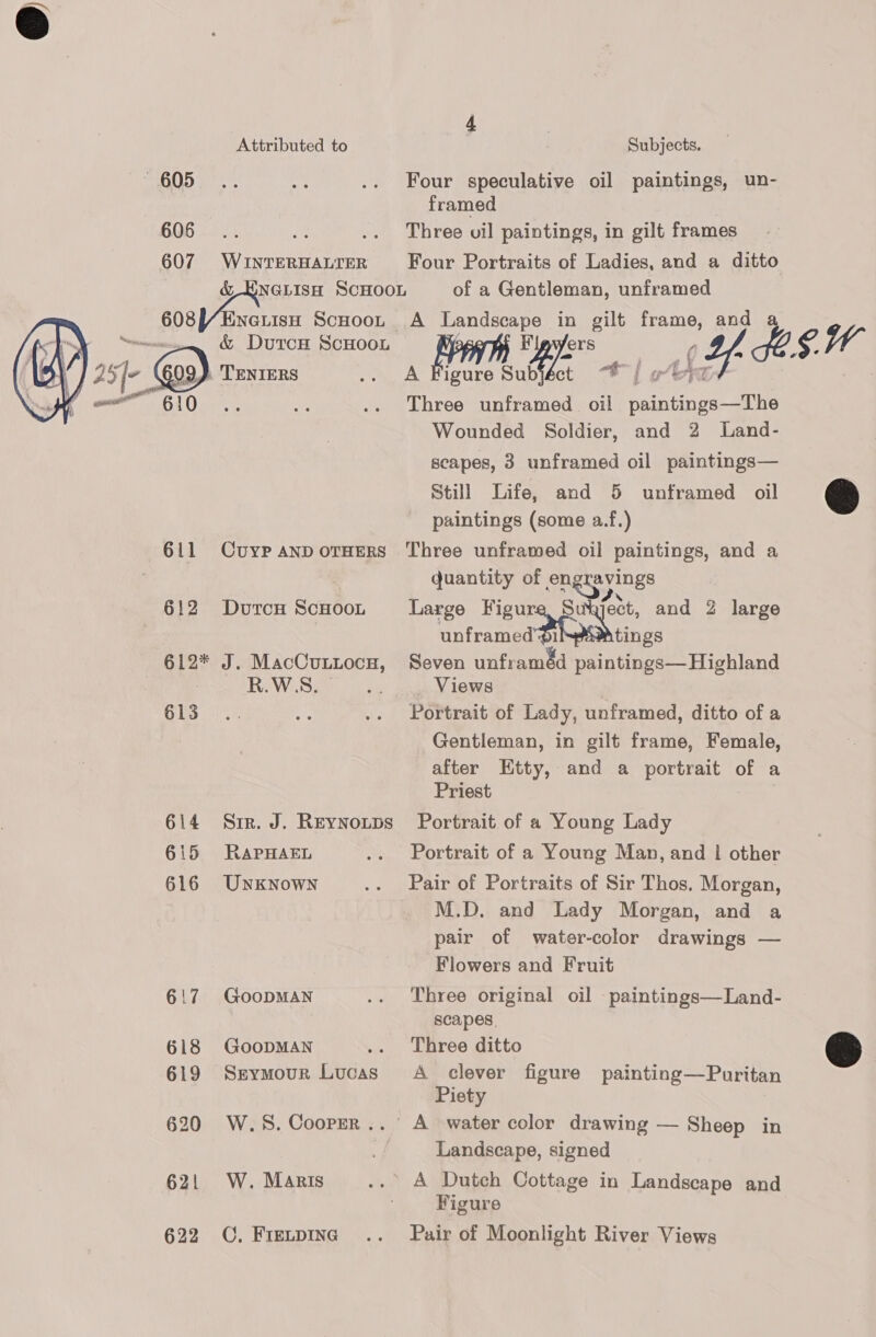 Attributed to Subjects. BOS* ee .. Four speculative oil paintings, un- framed 606... ia .. Three vil paintings, in gilt frames 607 WINTERHALTER Four Portraits of Ladies, and a ditto ae SCHOOL of a Gentleman, unframed 608 NGLISH ScHooL A niger in gilt ee and iS e W &amp; DutcH ScHoou , Pee ey yers Goa) TENIERS igure Sub “$ lg As ag Three ree oil paintings—The Wounded Soldier, and 2 Land- scapes, 3 unframed oil paintings— Still Life, and 5 unframed oil paintings (some a.f.) 611 Cuyp anpotHerRs Three unframed oil paintings, and a quantity of engravings 612 DurcnH ScHoot Large eee a (et and 2 large   unframed tings 612* J. MacCuntocH, Seven unframéd paintings— Highland ; R.W:S. ii Views 613... ae .. Portrait of Lady, unframed, ditto of a Gentleman, in gilt frame, Female, after Etty, and a portrait of a Priest 614 Sir. J. Reynoutps Portrait of a Young Lady 615 RapPHAEL .. Portrait of a Young Man, and | other 616 UNKNowN .. Pair of Portraits of Sir Thos. Morgan, M.D. and Lady Morgan, and a pair of water-color drawings — Flowers and Fruit 6:7 GoopMAN .. Three original oil paintings—Land- scapes, 618 GoopMAN .. Three ditto 619 Srymour Lucas A clever figure painting—Puritan  Piety 620 W.S.Cooper..’ A watercolor drawing — Sheep in Landscape, signed 621 W. Maris ... A Dutch Cottage in Landscape and Figure 622 CO. Frevpine .. Pair of Moonlight River Views