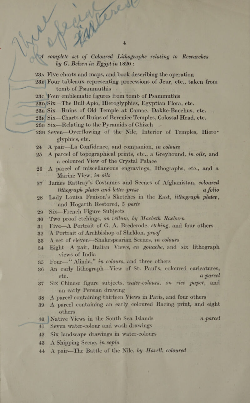  4 by G. Belzenin Egypt in 1820 : 23a Five charts and maps, and book describing the operation tomb of Psammuthis 23E Six—Ruins of Old Temple at Camac, Dakke-Bacchus, etc. 23F Six—Charts of Ruins of Berenice Temples, Colossal Head, ete. 986 Six—Relating to the Pyramids of Ghizeh glyphics, ete. 24 &lt;A pair—La Confidence, and companion, in colours 25 &lt;A parcel of topographical prints, etc., a Greyhound, in otls, and a coloured View of the Crystal Palace 26 &lt;A parcel of miscellaneous engravings, lithographs, etc., ara a - ‘Marine View, in oils 27 James Rattray’s Costumes and Scenes of Afghanistan, coloured lithograph plates and letter-press a folio 28 Lady Louisa Fenison’s Sketches in the East, lithograph plates. and Hogarth Restored, 5 parts 29 Six—French Figure Subjects 30 Two proof etchings, on vellum, by Macbeth Raeburn 31 Five—A Portrait of G. A. Brederode, etching, and four others 32 A Portrait of Archbishop of Sheldon, proof 33 A set of eleven—Shakespearian Scenes, in colours 34 Eight—A pair, Italian Views, en gouache, and six lithograph views of India 35 Four—‘ Alinda,” in colours, and three others 36 An early lithograph—View of St. Paul’s, coloured caricatures, etc. a parcel 37. Six Chinese figure subjects, water-colours, on rice paper, and an early Persian drawing 38 &lt;A parcel containing thirteen Views in Paris, and four others 39 &lt;A parcel containing an early coloured Racing print, and eight others 41 Seven water-colour and wash drawings 42 Six landscape drawings in water-colours 43 &lt;A Shipping Scene, in sepia 44 A pair—The Battle of the Nile, by Havell, coloured