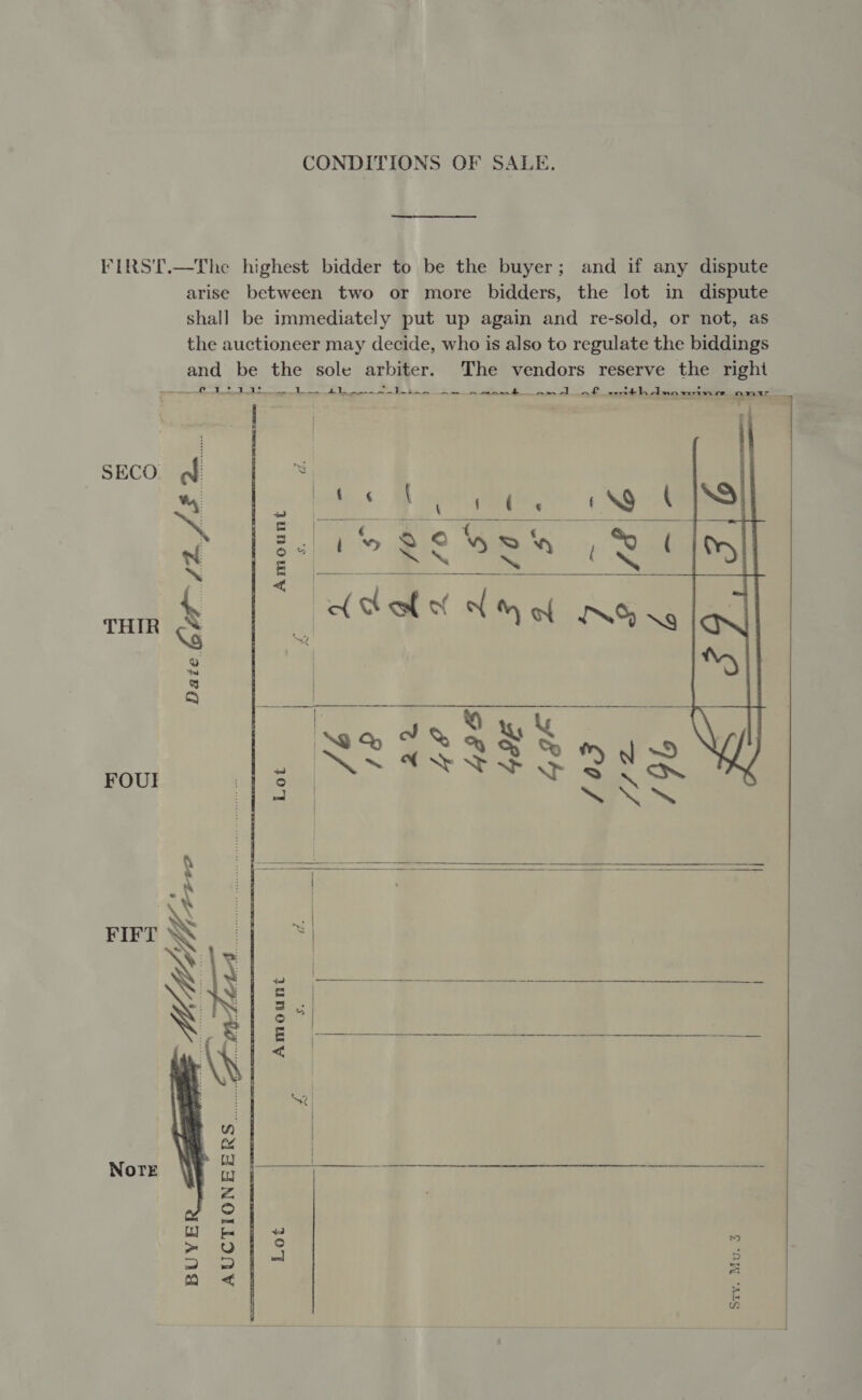 CONDITIONS OF SALE. FIRST.—The highest bidder to be the buyer; and if any dispute arise between two or more bidders, the lot in dispute shall be immediately put up again and re-sold, or not, as the auctioneer may decide, who is also to regulate the biddings and be the sole arbiter. The vendors reserve the right Ss ek ME: Be ee ee ee                SECO of ee ee a = wi 5 ae THIR &amp; 2 8 Ss | FOUI | 8 wesc sae as ie ae a IY] = eat eae ee 2a ng X Sf By : ag © om Lae: aa Re GE wn | | | ee | Nore a im nt nt nd pt ime noi Z. © H i= ed 2 ; = &lt; | : 