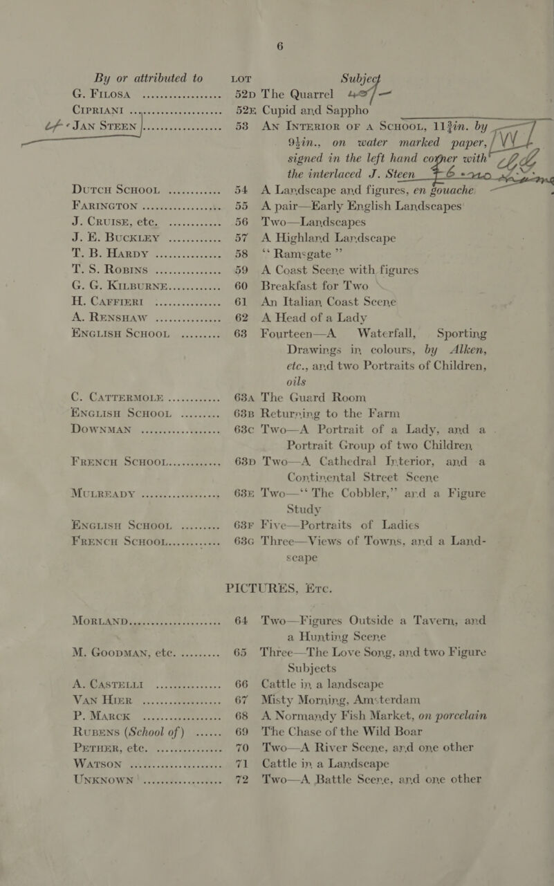 G. FILosa ooo eee eee ee eeeeeee FARINGTON eee eee eee eeeereeee T. S. Rosin Ss err eee eee eee eee ENGLISH Sc HOOL. .sscccwse MoRLAND... eee eee eee eeeeeeeee A. CASTELLI VAN HIER P. Marck coe ere eee eee eee oor eee eee eee eee eee WATSON ... UNKNOWN eee eee ere eee eeeeee es LOT Subjec 52p The Quarrel 4&amp;/— 52m, Cupid and Sappho 55 A pair—Harly English Landscapes 56 'Two—Landscapes 57 A Highland Landscape 58 ‘‘ Ramsgate ”’ 59 A Coast Scene with figures 60 Breakfast for Two — 61 An Italian Coast Scene 62 A Head of a Lady 63 Fourteen—A Waterfall, Sporting Drawings in colours, by Alken, etc., and two Portraits of Children, oils 634 The Guard Room 63B Returning to the Farm Portrait Group of two Children, 63p Two—A Cathedral Interior, and a Continental Street Scene 635 Two—‘‘ The Cobbler,”’ ard a Figure Study 63F Five—Portraits of Ladies 63c Three—Views of Towns. and a Land- scape 64 Two—Figures Outside a Tavern, and a Hunting Scene 65 Three—The Love Song, and two Figure Subjects 66 Cattle in, a landscape 67 Misty Morning, Amsterdam 68 A Normandy Fish Market, on porcelain 69 The Chase of the Wild Boar 70 Two—A River Scene. ard one other 71 Cattle in a Landscape 72 Two—A Battle Scere, and one other