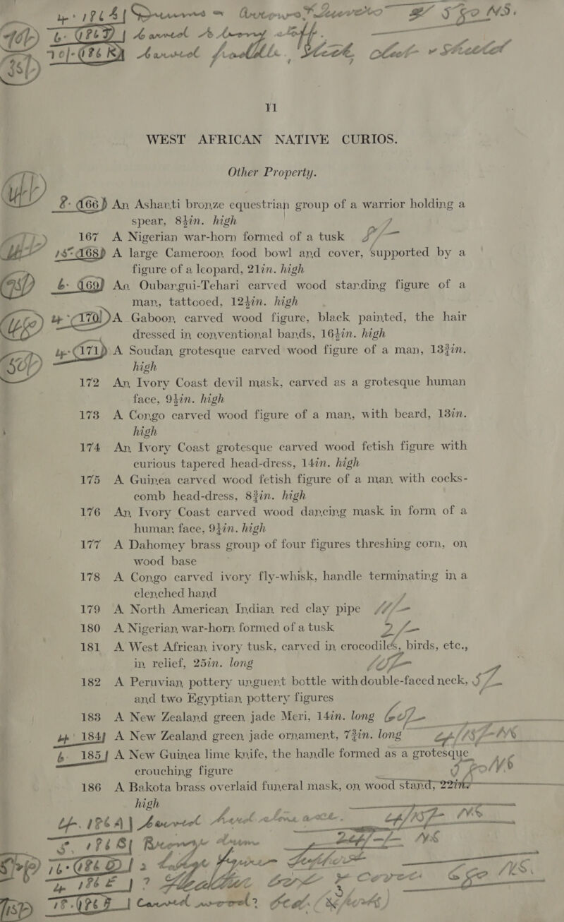  V1 WEST AFRICAN NATIVE CURIOS. Other Property. 167 B Cs GY 172 173 174 175 176 ther 178 A Byes) 180 181 182 183 186 spear, 84hin. high A. Nigerian war-horn formed of a tusk pf figure of a leopard, 21in. high man, tattcoed, 124i. high dressed in, conventional bands, 164in. high A Soudan, grotesque carved wood figure of a man, 13%2n. high An, Ivory Coast devil mask, carved as a grotesque human face, 94in. high A. Congo carved wood figure of a man, with beard, 13in. high An, Ivory Coast grotesque carved wood fetish figure with curious tapered head-dress, 14in. high A. Guinea carved wood fetish figure of a map, with cocks- comb head-dress, 82in. high An, Ivory Coast carved wood dancing mask in form of a human face, 947n. high A Dahomey brass group of four figures threshing corn, on wood base A Congo carved ivory fly-whisk, handle terminating in a clenched hand , A North American, Indian, red clay pipe “= A. Nigerian, war-horp. formed of a tusk Re fen A. West African, ivory tusk, carved in, crocodiles, birds, etc., a in, relief, 252n. long Le wn A Peruvian, pottery unguert bottle with double-faced neck, JZ Fa and two Egyptian, pottery figures Z fi A New Zealand green, jade ornament, 7fin. long “ey LN e A New Zealand green, jade Meri, 147n. long 8 RET ts a ag crouching figure | 4 A Bakota brass overlaid funeral mask, on, wood stand; 22% high oi “ee bons. a  