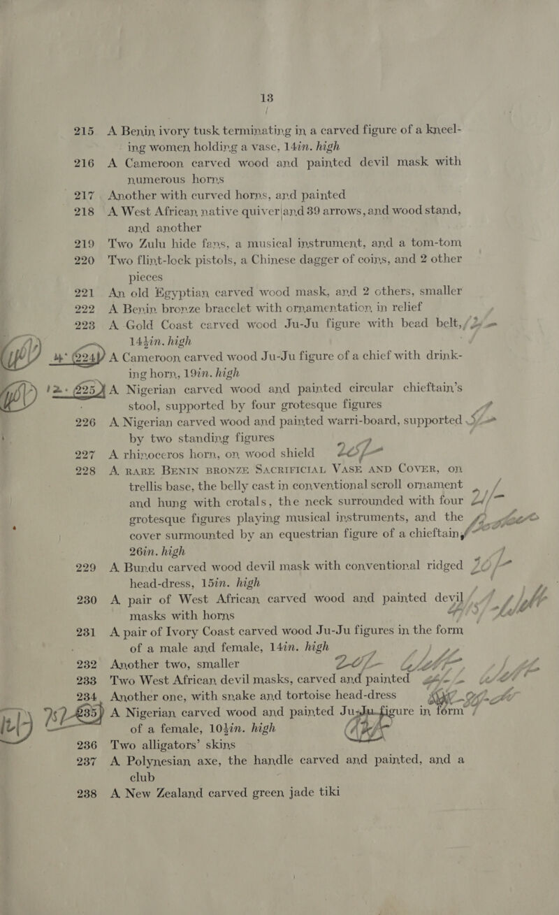 215 <A Benin ivory tusk terminating in a carved figure of a kneel- ing women, holding a vase, 14in. high 216 A Cameroon carved wood and painted devil mask with numerous horns 217 Another with curved horns, and painted 218 A West African, native quiver|and 39 arrows, and wood stand, and another 219 Two Zulu hide fans, a musical instrument, and a tom-tom 220 Two flint-lock pistols, a Chinese dagger of coins, and 2 other pieces 221 An old Egyptian carved wood mask, and 2 others, smaller 222 A Benin. bronze bracelet with ornamentation, in relief 223 A Gold Coast carved wood Ju-Ju figure with bead belt,/ Jy. ‘1, _ 14din. high bp G24) A Cameroon, carved wood Ju-Ju figure of a chief with drink- ing horn, 19in. high WN bas B25 A Nigerian carved wood and painted circular chieftain’s stool, supported by four grotesque figures ya 226 A Nigerian carved wood and painted warri-board, supported S- : by two standing figures 2S i 227 A rhinoceros horn, on wood shield #&amp;f- 2283 A RARE BENIN BRONZE SACRIFICIAL VASE AND COVER, on. trellis base, the belly cast in conventional scroll ornament . / F ‘—_ and hung with crotals, the neck surrounded with four 27/ 4 grotesque figures playing musical instruments, and the y _, eo cover surmounted by an equestrian figure of a chieftain,/ “~~ : 26in. high F 229 A Bundu carved wood devil mask with conventional ridged ve j- head-dress, 15in. high im. 230 A pair of West African carved wood and painted dey AF ' ft masks with horns S/-Lde 231 <A pair of Ivory Coast carved wood Ju-Ju figures in the roid of a male and female, 14in. high i 232 Another two, smaller or fe efit Vf a | 233 Two West African, devil masks, carved mad. painted Hy AG ay O LA 234 Another one, with snake and tortoise head- dress Sa ~L , Lhe — 775) A Nigerian, carved wood and painted Ju; ure in form’ ; I2| of a female, 103in. high (h bef / 236 Two alligators’ re 237 A Polynesian axe, the handle carved and painted, and a club 238 A New Zealand carved green jade tiki  
