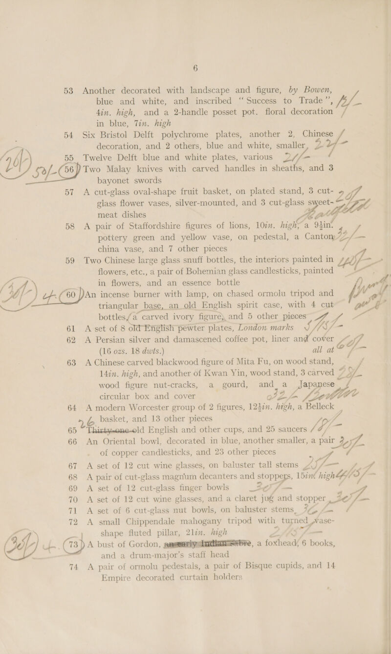 53 Another decorated with landscape and figure, by Bowen, blue and white, and inscribed ‘‘ Success to Trade”, 4in. high, and a 2-handle posset pot. floral decoration in blue, Tin. high 54 Six Bristol Delft polychrome plates, another 2, Baer tee decoration, and 2 others, blue and white, smaller 55 Twelve Delft blue and white plates, various py ae $e f- 56) Two Malay knives with carved handles in sheaths, and 3 - bayonet swords  een / glass flower vases, silver-mounted, and 3 cut-glass sweet CO toa 58 A pair of Staffordshire figures of lions, 10in. high; a lint pottery green and yellow vase, on pedestal, a Canton, china vase, and 7 other pieces 59 Two Chinese large glass snuff bottles, the interiors painted in flowers, etc., a pair of Bohemian glass candlesticks, painted  . 60 |JAn incense burner with lamp, on chased ormolu tripod and triangular base, an old English spirit case, with 4 cut 4, am 61 <A set of 8 old English pewter plates, London. marks 62 A Persian silver and damascened coffee pot, liner oe cover (16 ozs. 18 dwts.) all at 63 A Chinese carved blackwood figure of Mita Fu, on wood stand, 14in. high, and another of Kwan Yin, wood stand, 3 carved © wood figure nut-cracks, a gourd, and bs _Aapanese circular box and cover WZ g basket, and 13 other pieces of copper candlesticks, and 23 other pieces bef i—_ 7 pp 69 A set of 12 cut-glass finger bowls _30/— 70 <A set of 12 cut wine glasses, and a claret jue and “a 71 <A set of 6 cut-glass nut bowls, on baluster stems, 1 72 A small Chippendale mahogany tripod with turned vase- shape fluted pillar, 2lin. igh ~~ Bhp) (ia) 3 A bust of Gordon, eaaeriyshiesetiase@ pre, a Poa Se? 6 Pee and a drum- major’ S ee: head 74 A pair of ormolu pedestals, a pair of Bisque cupids, and 14 Empire decorated curtain holders  