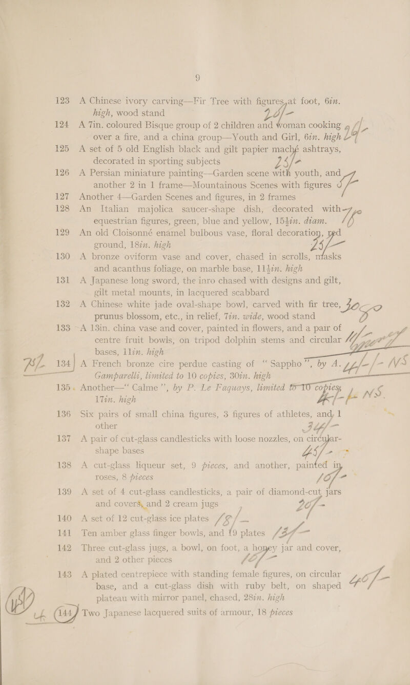 123 125 126 127 128 129 130 131 132 w. 135. 136 137 138 139 140 141 142 143 2 A Chinese ivory carving—Fir Tree with figures,at foot, 60. high, wood stand 2o/- J A Tin. coloured Bisque group of 2 children and woman cooking 9 f - over a fire, and a china group—Youth and Girl, 6in. high &amp; A set of 5 old English black and gilt papier mache ashtrays, decorated in sporting subjects | Sf o A Persian miniature painting—Garden scene with youth, and another 2 in 1 frame—Mountainous Scenes with figures if Another 4—Garden Scenes and figures, in 2 frames An Italian majolica saucer-shape dish, decorated with e equestrian figures, green, blue and yellow, 1541n. diam. je An old Cloisonné enamel bulbous vase, floral decoration, red ground, 18in. high pie |e ip A bronze oviform vase and cover, chased in scrolls, nfasks and acanthus foliage, on marble base, lliin. high A Japanese long sword, the inro chased with designs and gilt, gilt metal mounts, in lacquered scabbard A Chinese white jade oval-shape bowl, carved with fir tree 40¢ prunus blossom, etc., in relief, 77m. wide, wood stand Be A 13in. china vase and cover, painted in flowers, and a pair of centre fruit bowls, on tripod dolphin stems and circular bases, llin. high . A. French brerze cire*perdue casting of “~ Sappho. , by A. p07 983 Gamparell1, limited to 10 coptes, 30in. high pa a Another— Calme’”’, by P. Le Faquays, limited ft ep. NS. l7in. high gk Six pairs of small china figures, 3 figures of athletes, and, 1 wie Due ,    p ph om  ne ee | A cut-glass liqueur set, 9 pieces, and another, painted in, — roses, 8 pieces fof A set of 4 cut-glass candlesticks, a pair of diamond- cut jars and covers, and 2 cream jugs 7 A set of 12 cut-glass ice plates og, 9/ — / Ten amber glass finger bowls, and (9 plates | /3 oF -  Three cut-glass jugs, a bowl, on foot, a i and 2 other pieces Vy jar and cover,   A plated centrepiece with standing female figures, on circular Lp of- base, and a cut-glass dish with ruby belt, on shaped | plateau with mirror panel, chased, 282”. high Two Japanese lacquered suits of armour, 18 pzeces