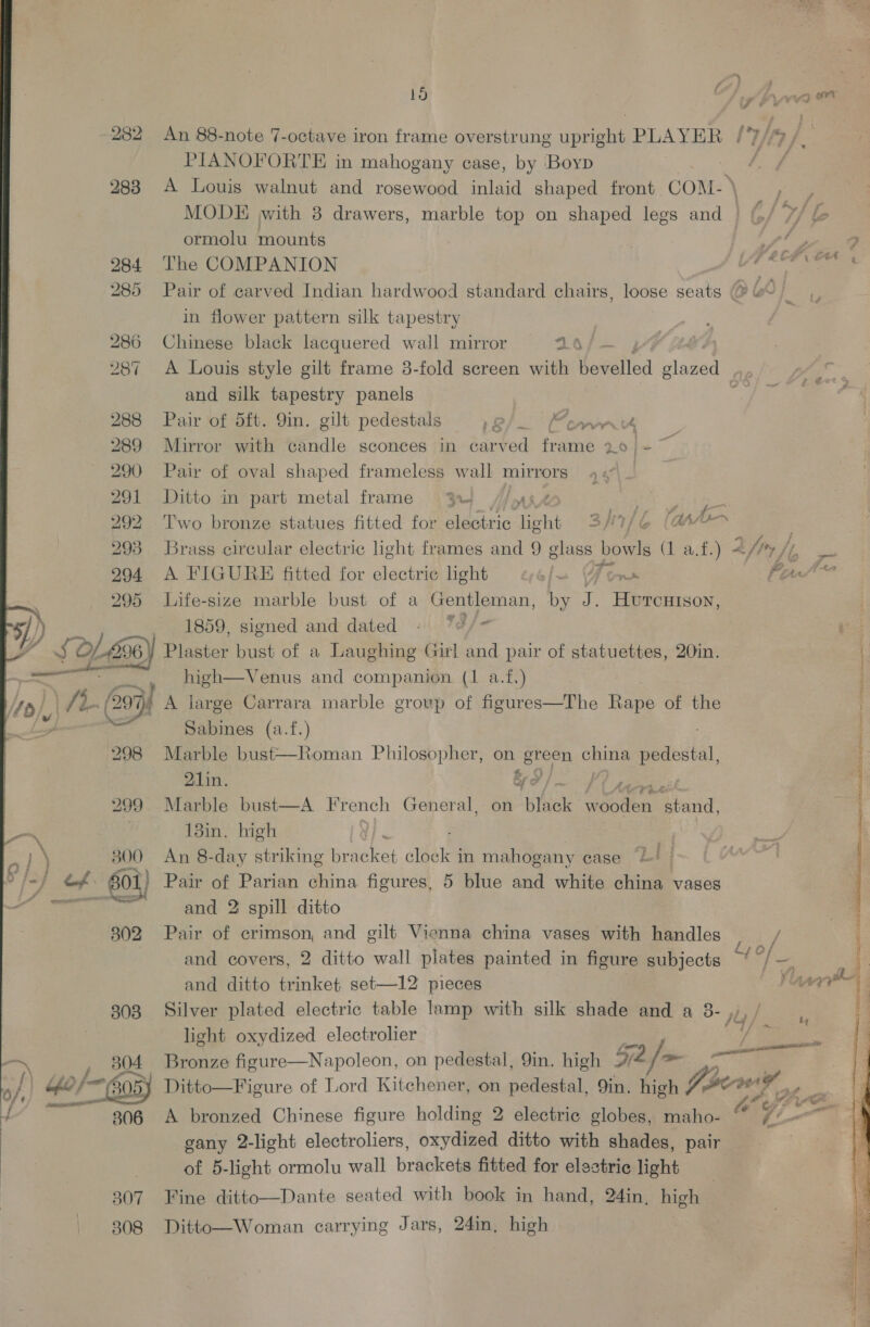 “  18 CZ). 4. ale An 88-note 7-octave iron frame overstrung upright PLAYER /7//9/_ A Louis walnut and rosewood inlaid shaped front COM) gs MODE with 3 drawers, marble top on shaped legs and | (./ ¥/ &amp; ormolu mounts ie pf , The COMPANION eS ae Pair of carved Indian hardwood standard chairs, loose seats @ Gc in flower pattern silk tapestry Chinese black lacquered wall mirror 16 A Louis style gilt frame 3-fold screen with ihevelled “awen | and silk tapestry panels er Pair of 5ft. 9in. gilt pedestals 1e/.~ Pomme Mirror with candle sconces in carved faa 2.0 |&lt;~ Pair of oval shaped frameless wall mirrors ot Ditto in part metal frame 3 YA Ett Gen Two bronze statues fitted for electric light 3/1; 6 (Awe Brass circular electric light frames and 9 glass bowls (1 af.) 2 fir /, Si A FIGURE fitted for electrie ight &lt;«¢efe Yow Figen Life-size marble bust of a Gentleman, by i Pee dcos 1859, signed and dated - *2/~ Plaster bust of a Laughing Girl and pair of statuettes, 20in. high—Venus and companion (1 a.f,) 298 299 800 Pca 601)  Sabines (a.f.) ; Marble bust—Roman Philosopher, on green china apie 21in. Oe ff ee Marble bust—A French General, on black hy ‘stand, 13in. high ie An 8-day striking bracket cloc Ij in mahogany case Pair of Parian china figures, 5 blue and white china vases and 2 spill ditto Pair of crimson, and gilt Vienna china vases with handles / and covers, 2 ditto wall plates painted in figure subjects f od — and ditto trinket set—12 pieces Vaan Silver plated electric table lamp with silk shade and a 3 4 light oxydized electrolier Bronze figure—Napoleon, on pedestal, 9in. high 572 [&gt; Ditto—Figure of Lord Kitchener, on pedestal, 9in. high Goce ees A bronzed Chinese figure holding 2 electric globes, maho- “~ tiie gany 2-light electroliers, oxydized ditto with shades, pair of 5-light ormolu wall brackets fitted for electric light Fine ditto—Dante seated with book in hand, 24in, high Ditto—Woman carrying Jars, 24in, high fm ~ pea