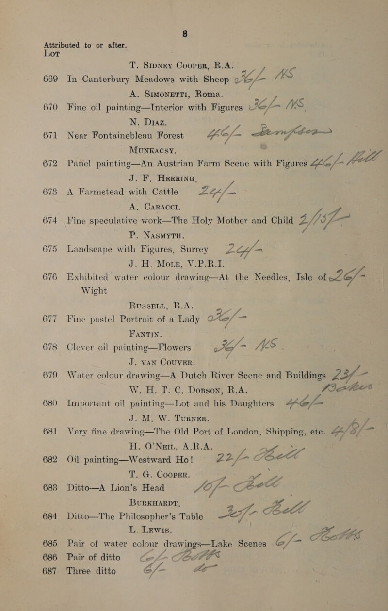 669 670 671 672 675 676 679 680 681 682 685 684 685 686 687 T. Sripney Cooprr, R.A. Ke In Canterbury Meadows with Sheep 0 7 fom CF A. SIMONETTI, Roma. 7 ‘<C Fine oil painting—Interior with Figures &amp; IG, - 1k ; N. Diaz. ie 9 fn Gitte Near Fontainebleau Forest Lo, wi es 3 - Mouykacsy. » ion Le 00 Panel painting—An Austrian Farm Scene with Figures LLE, a = (7 J. F,. HERRING, A Farmstead with Cattle LZ Gf: / / A, CARACCl. 7 ee, /)s 4 Fine speculative work—The Holy Mother and Child VA rd P. NAsMYTH. ; Landscape with Figures, Surrey 7 OW J. EE MOLE,.V caetens Exhibited water colour drawing—At the Needles, Isle of L26/- Wicht RussEuu, R.A. ; =, P ff Fine pastel Portrait of a Lady @te/ — y FANTIN. ale ff A/S Clever oil painting—Flowers pa a ff f J. VAN COUVER. Water colour drawing—A Dutch River Scene and Buildings 23f- W. H. T. C. Dorson, R.A. Aiextee* Important oil painting—Lot and his Daughters 4C/— J. M. W. Turner. Very fine drawing—The Old Port of London, Shipping, ete. ‘of H. O’Ner., A.R.A. Sgt Se ‘ : ; ; f AE, ra aa Oil painting—Westward Ho! — £2 * ieee att i>: TG COOPER. | “Tha af” Bee Ditto—A Lion’s Head JOf- CeEeun BURKHARDT ; ag Fa : 3 <7, FO> A, Ditto—The Philosopher’s Table ~</- saabnc L. Lewis. SF S£L6 Pair of water colour drawings—Lake Scenes . C/ > Pair of ditto le Sa Tbe AES Three ditto E/- won