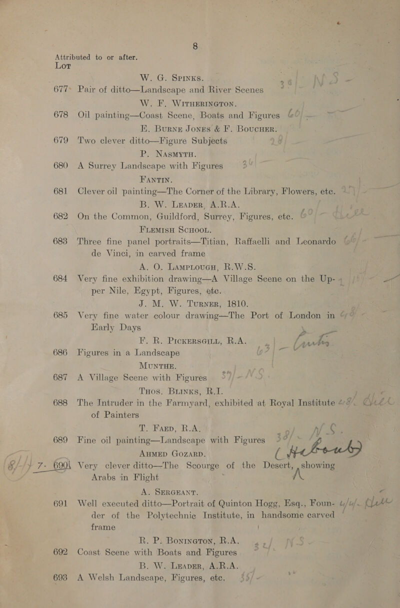Attributed to or after. Lot W. G. SPINKs. : 677° Pair of ditto—Landscape and River Scenes : W. EF. WITHERINGTON. 678 Oil painting—Coast Scene, Boats and Figures ; EH. Burne Jones &amp; F. Boucuer. 679 ‘Two clever ditto—Figure Subjects P. NAsmytu. 680 A Surrey Landscape with Figures FANTIN. 681 Clever oil painting—The Corner of the Library, Flowers, etc. B. W. Leaver, A.R.A. 682 On the Common, Guildford, Surrey, Figures, ete. F'LEMISH SCHOOL. 683 Three fine panel portraits—Titian, Raffaelli and Leonardo de Vinci, in carved frame A. O. LampLoucH, R.W.S. | 684 Very fine exhibition drawing—A Village Scene on the Up-4 § © &amp; per Nile, Egypt, Figures, etc. ; J. M. W. Turner, 1810. 685 Very fine water colour drawing—The Port of London in * Early Days \. 2 F. BR. Picxersetiny, ReAce a my 686 Figures in a Landscape oo MUNTHE. 687 A Village Scene with Figures THos. Bunks, B.I. Bet 688 The Intruder in the Farmyard, exhibited at Royal Institute 4%. Cyc€ of Painters er ARD Rae oi hj no 689 Fine oil painting—Landscape with Figures 2°/ ~ | AHMED GOZARD. ( be bouk 690, Very clever ditto—The Gp ute. of the Desert, , showing Arabs in Flight rN A. SERGEANT. 691 Well executed ditto—Portrait of Quinton Hogg, Esq., Foun- &amp; a/- QL der of the Polytechnic Institute, in handsome carved ~ frame ) R. P; Bonineton, R.A. 692 Coast Scene with Boats and Figures B. W. Leaver, A.R.A. 693 A Welsh Landscape, Figures, etc.