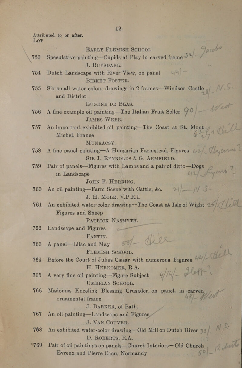 Attributed to or after. Lot EARLY FLEMISH SCHOOL 703 Aste ulation painting—Cupids at Play in carved frame a” | J. RUYSDAEL. | 754 Dutch Landscape with River View, on panel BIRKET FOSTER. 755 Six small water colour drawings in 2 frames— Windsor Case 9/ and District is EUGENE DE BLAS. | 756 A fine example oil painting—The Italian Fruit Seller S 0}. JAMES WEBB, 757 An important exhibited oil painting —The Coast at St. Mont. / J. 7K Michel, France G- MUNKACSY. : | 758 A fine panel painting—A Hungarian Farmstead, Figures 42. VJa.deae™ SiR J. REYNOLDS &amp; G. ARMFIELD. 759 Pair of panels—Figures with Lambsand a pair of dito Bs in Landscape ey Ov JOHN F. HERRING. 760 An oil painting—Farm Scene with Cattle, &amp;e. J. H. Mou#, V.P.R.1. 761 An exhibited water-color drawing--The Coast at Isle of Wight 15), Figures and Sheep PATRICK Bi ce 762 Landscape and Figures FANTIN. 763 <A panel—Lilac and May FLEMISH SCHOOL. s 764 Before the Court of Julias Cesar with numerous Figures cd hela H. HERKOMER, B.A. 1 8 pe 765 A very fine oil painting—Figure Subject = 4//4/~ @ UMBRIAN SCHOOL. 766 Madonna Kneeling Blessing Crusader, on panel, in carved _ ye ornamental frame uf VL (4k J. BARKER, of Bath. 767 An oil painting—Landscape and Figures, J. VAN COUVER. ‘tae 5 768 An exhibited water-color drawing—Old Mill on Dutch River 3? i bias D. RoBERTS, R.A. “769 Pair of oil paintings on panels—Church Interiors—Old Chron Evreux and Pierre Caen, Normandy 59 F