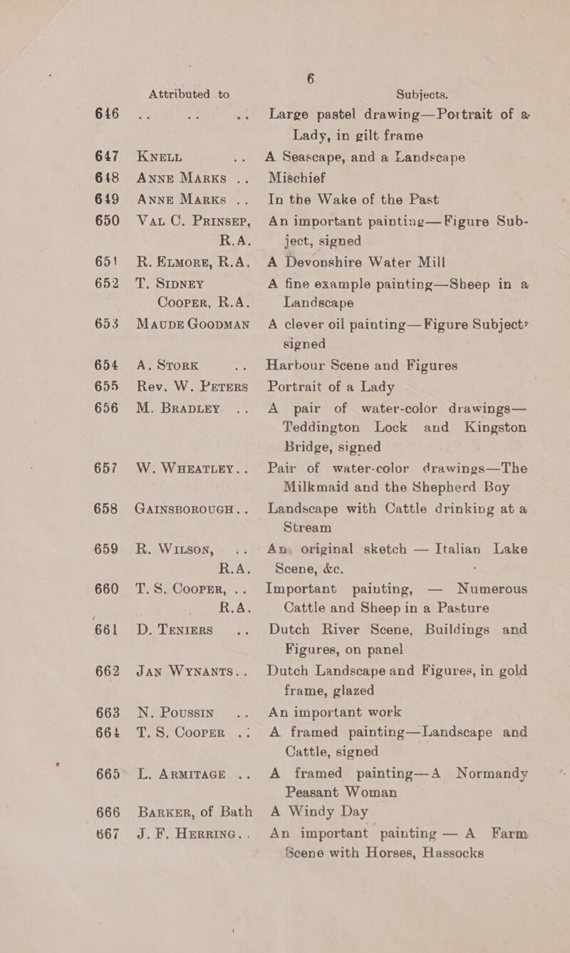 646 647 648 619 650 65! 652 653 654 655 656 658 659 660 661 662 663 664 665 666 667 Attributed to KNELL ANNE Marks .. ANNE Marks .. Va C. PRINSEP, R.A. R. E_more, R.A. T. SIDNEY Cooper, R.A. MaupE GooDMAN A. STorRK Rev. W. PETERS M. BRADLEY W. WHEATLEY.. GAINSBOROUGH... R. Witson, R.A. T.S. Cooprr, .. R.A. D. TENIERS JAN WYNANTS.. N. Poussin T. S. CooPrmR L. ARMITAGE BarKER, of Bath J. F. HERRING. . 6 Subjects. Large pastel drawing— Portrait of » Lady, in gilt frame A Seascape, and a Landscape Mischief In the Wake of the Past An important painting— Figure Sub- ject, signed A Devonshire Water Mill A fine example painting—Sheep in a Landscape A clever oil painting— Figure Subject? signed Harbour Scene and Figures Portrait of a Lady A pair of water-color drawings— Teddington Lock and Kingston Bridge, signed Pair of water-color drawings—The Milkmaid and the Shepherd Boy Landscape with Cattle drinking at a Stream An, original sketch — Italian Lake Scene, &amp;c. Important painting, — Numerous Cattle and Sheep in a Pasture Dutch River Scene, Buildings and Figures, on panel Dutch Landscape and Figures, in gold frame, glazed An important work A framed painting—Landscape and Cattle, signed A framed painting—A Normandy Peasant Woman A Windy Day An important painting — A Farm Scene with Horses, Hassocks