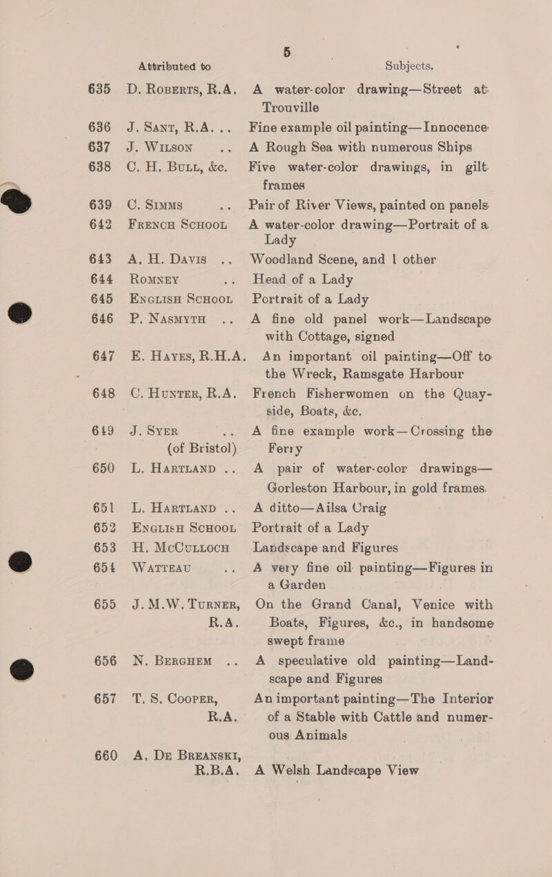 635 636 637 638 639 642 643 644 645 646 647 648 650 651 652 653 654 655 656 657 660 Attributed to D. Roperts, R.A, J. Sant, R.A... J. WILSON C. H, Butt, &amp;c. C. SIMMS FrENcH ScHOOL A. H. Davis RoMNEY ENGLISH SCHOOL P. NAsMYTH EK. Hayes, R.H.A. J. SYER ' (of Bristol) L. HARTLAND .. L. HARTLAND .. ENGLISH SCHOOL H. McCunitocu W ATTEAU J.M.W. Turner, R.A. N. BERGHEM T, S. Coorer, R.A. A. De BrEAnNskI, R.B.A. 5 Subjects, A water-color drawing—Street at Trouville Fine example oil painting— Innocence: A Rough Sea with numerous Ships Five water-color drawings, in gilt frames Pair of River Views, painted on panels A water-color drawing—Portrait of a Lady Woodland Scene, and | other Head of a Lady Portrait of a Lady A fine old panel work—Landscape with Cottage, signed An important oil painting—Off to the Wreck, Ramsgate Harbour French Fisherwomen on the Quay- side, Boats, &amp;e. A fine example work—Crossing the Ferry 3 A pair of water-color drawings— Gorleston Harbour, in gold frames. A ditto—Ailsa Uraig | Portrait of a Lady Landscape and Figures A very fine oil painting—Figures in a Garden | é On the Grand Canal, Venice with Boats, Figures, &amp;c., in handsome swept frame : ; A speculative old painting—Land- scape and Figures An important painting—The Interior of a Stable with Cattle and numer- ous Animals A Welsh Landscape View