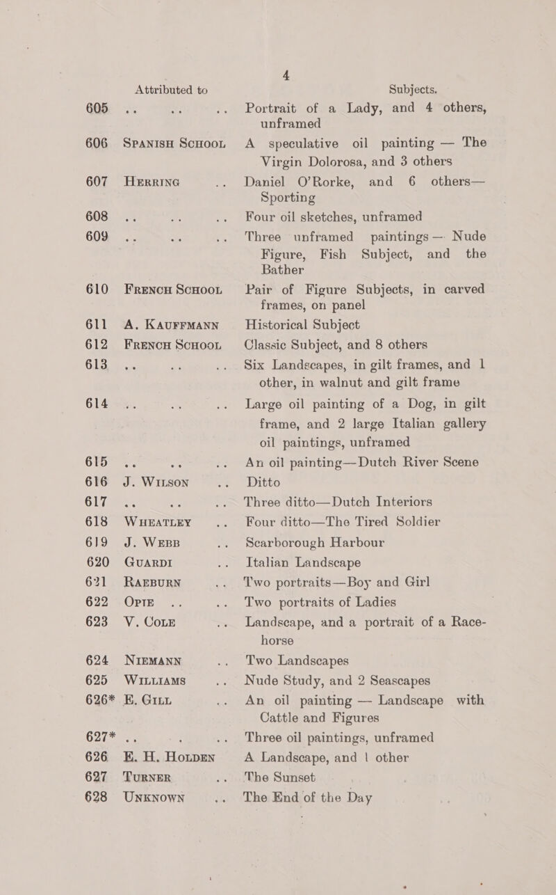 606 SPpaANIsH ScHooL 607 HeErrine 608 609 610 FrEeNcH ScHOOL 611 A. KAUFFMANN 612 FrENcH ScHOOL 613 614 GIB. et 616 J. WiLson 617 618 WHEATLEY 619 J. WEBB 620 GuUARDI 621 RAEBURN 622 OPtE 623 V.CoLE 624 NIEMANN 625 WILLIAMS 626* KE. Gini OP fatened ; ee 626 KH. H. Honpen 627 TURNER 628 UNKNOWN Attributed to 4 Subjects. unframed A speculative oil painting — The Virgin Dolorosa, and 3 others Daniel O’Rorke, and 6 others— Sporting Four oil sketches, unframed Three unframed paintings — Nude Figure, Fish Subject, and the Bather Pair of Figure Subjects, in carved frames, on panel Historical Subject Classic Subject, and 8 others Six Landgcapes, in gilt frames, and 1 other, in walnut and gilt frame Large oil painting of a Dog, in gilt frame, and 2 large Italian gallery oil paintings, unframed An oil painting— Dutch River Scene Ditto Three ditto— Dutch Interiors Four ditto—The Tired Soldier Scarborough Harbour Italian Landscape Two portraits—Boy and Girl Two portraits of Ladies Landscape, and a portrait of a Race- horse Two Landscapes Nude Study, and 2 Seascapes An oil painting — Landscape with Cattle and Figures Three oil paintings, unframed A Landscape, and | other The Sunset The End of the Day