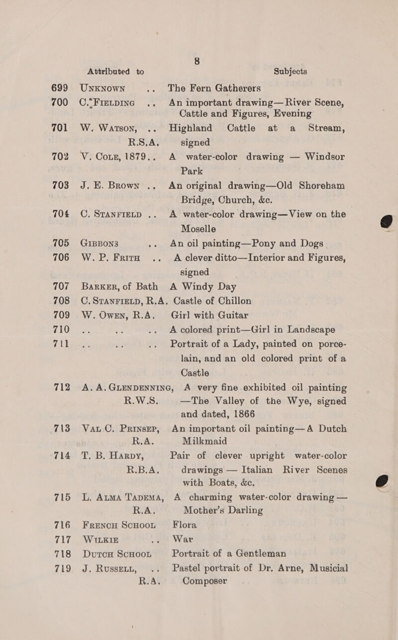 699 700 701 702 703 704 705 706 707 708 709 710 711 712 713 714 715 716 717 718 719 Attributed to Subjects UNKNOWN .. The Fern Gatherers C.“Fretping .. An important drawing— River Scene, Cattle and Figures, Evening W. Watson, .. Highland Cattle at a Stream, R.S,A. signed V. Coz, 1879.. A water-color drawing — Windsor Park J, E. Brown .. An original drawing—Old Shoreham Bridge, Church, &amp;c. C. SvanFiELD .. A water-color drawing—View on the | Moselle GIBBONS .. An oil painting—Pony and Dogs W.P. Fritra .. A clever ditto—Interior and Figures, signed BaRKER, of Bath A Windy Day C. STANFIELD, R.A. Castle of Chillon A colored print—Girl in Landscape Portrait of a Lady, painted on porce- lain, and an old colored print of a Castle A.A.GLENDENNING, A very fine exhibited oil painting R.W.S., —The Valley of the Wye, signed and dated, 1866 Vat C, Prinsep, An important oil painting—A Dutch R.A. Milkmaid T. B. Harpy, Pair of clever upright water-color R.B.A. drawings — Italian River Scenes with Boats, &amp;c. L. AumMA TapEMA, A charming water-color drawing — R.A. Mother’s Darling Frencu Scuoot Flora WILKIE . oo Wat DutcH ScHooL Portrait of a Gentleman J. Russett, .. Pastel portrait of Dr. Arne, Musicial R.A. Composer 