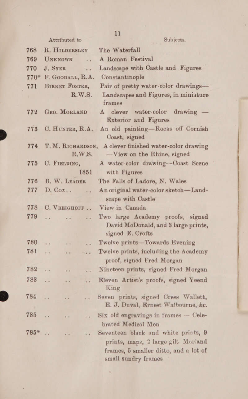 768 769 770 770* ec: 773 774 775 776 777 778 779 780 781 782 783 784 785 1] Attributed to Subjects. R. Hiuperstty The Waterfall UNKNOWN .. A Roman Festival J. SYER .. Landscape with Castle and Figures — F. GoopatL, R.A. Constantinople BirKet Foster, Pair of pretty water-color drawings— R.W.S. Landscapes and Figures, in miniature frames Gro. MortanD A _ clever water-color drawing — Exterior and Figures C. Hunter, R.A. An old painting—Rocks off Cornish Coast, signed T. M. Ricwarpson, A clever finished water-color drawing iW S. —View on the Rhine, signed C. FIEe.pine, A water-color drawing—-Coast Scene 1851 with Figures B. W. Leaver ‘The Falls of Ladore, N. Wales D, Cox.. .. Anoriginal water-color sketch—Land- scape with Castle C. VREIGHOFF.. View in Canada Two large Academy proofs, signed David McDonald, and 3 large prints, signed EK. Crofts Twelve prints—Towards Evening Twelve prints, including the Academy proof, signed Fred Morgan Nineteen prints, signed Fred Morgan Eleven Artist’s proofs, signed Yeend King Seven prints, signed Cress Wallett, K. J. Duval, Ernest Walbourne, &amp;c. Six old engravings in frames -- Cele- brated Medical Men Seventeen black and white prints, 9 prints, maps, 2 large gilt Morland frames, 5 smaller ditto, and a lot of small sundry frames