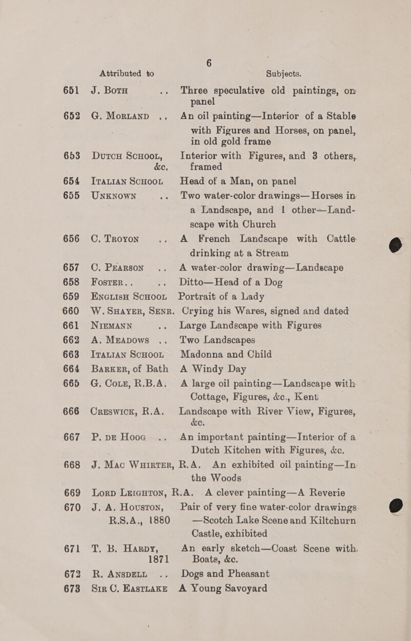 651 652 653 654 655 656 657 658 659 660 661 662 663 664 665 666 667 668 669 670 671 672 673 Attributed to Subjects. J. Bora .. Three speculative old paintings, on panel G. Mortanp .. An oil painting—Interior of a Stable with Figures and Horses, on panel, in old gold frame Dutcu Scuoot, Interior with Figures, and 3 others, de. framed ITALIAN ScHooL Head of a Man, on panel UnkNowN ... ‘Two water-color drawings— Horses in a Landscape, and 1 other+Land- scape with Church C, TrRoyon .. A French Landscape with Cattle drinking at a Stream C. Pearson .. A water-color drawing—Landscape Foster, . .. Ditto—Head of a Dog ENeGLisH ScHoot Portrait of a Lady NIEMANN .. Large Landscape with Figures A. Merapows .. Two Landscapes IrautaAn ScHoot Madonna and Child BaRKER, of Bath A Windy Day G. Coz, R.B.A. A large oil painting—Landscape with Cottage, Figures, &amp;c., Kent Creswick, R.A. panies with River View, Figures, ZC. P. pe Hoog .. An important painting—Interior of a Dutch Kitchen with Figures, &amp;c. J. Mac Wairter, R.A. An exhibited oil painting—In: the Woods Lorp Lriguton, R.A. A clever painting—A Reverie J. A. Houston, Pair of very fine water-color drawings. R.S.A., 1880 —Scotch Lake Scene and Kiltchurn Castle, exhibited T. Bb. Harpy, An early sketch—Coast Scene with. 1871 Boats, &amp;c. R. ANSDELL .. Dogs and Pheasant Sir C. EastnakE A Young Savoyard  