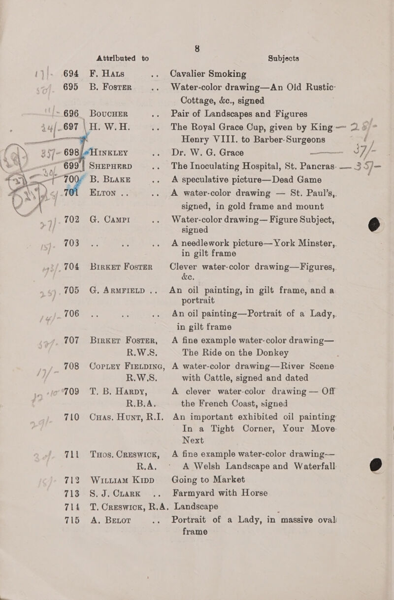 Attributed to 694 F. Hats 695 3B. Foster   iB. aie ELTON ..  G. CAMPI */ 704 BuirKet Foster 705 G. ARMFIELD .. _/..706 707 Breer Foster, R.W.S. _ 708 Copiey FIELDING, R.W.S. ‘°709 T. B. Harpy, R.B.A. 710 Cuas. Hunt, RB.I, 711 THos. CRESWICK, R.A. 712 Wuri1am Kipp 713 S.J. Cuark 715 &lt;A. BEeuor Subjects Cavalier Smoking Water-color drawing—An Old Rustic: Cottage, &amp;c., signed Pair of Landscapes and Figures The Royal Grace Cup, given by King — 22 4 * Henry VIII. to Barber-Surgeons Tey Dr. W. G. Grace ——— i7/. The Inoculating Hospital, St. Pancras. — 3 S/— A speculative picture—Dead Game A water-color drawing — St. Paul’s,. signed, in gold frame and mount Water-color drawing— Figure Subject, e signed  A needlework picture— York Minster,. in gilt frame Clever water-color drawing—Figures,. &amp;e. An oil painting, in gilt frame, anda portrait An oil painting—Portrait of a Lady,. in gilt frame A fine example water- color drawing— The Ride on the Donkey A water-color drawing—River Scene. with Cattle, signed and dated A clever water-color drawing — Off the French Coast, signed An important exhibited oil painting In a Tight Corner, Your Move Next A fine example water-color drawing-— A Welsh Landscape and Waterfall @ Going to Market j Farmyard with Horse Landscape Portrait of a Lady, in massive oval frame