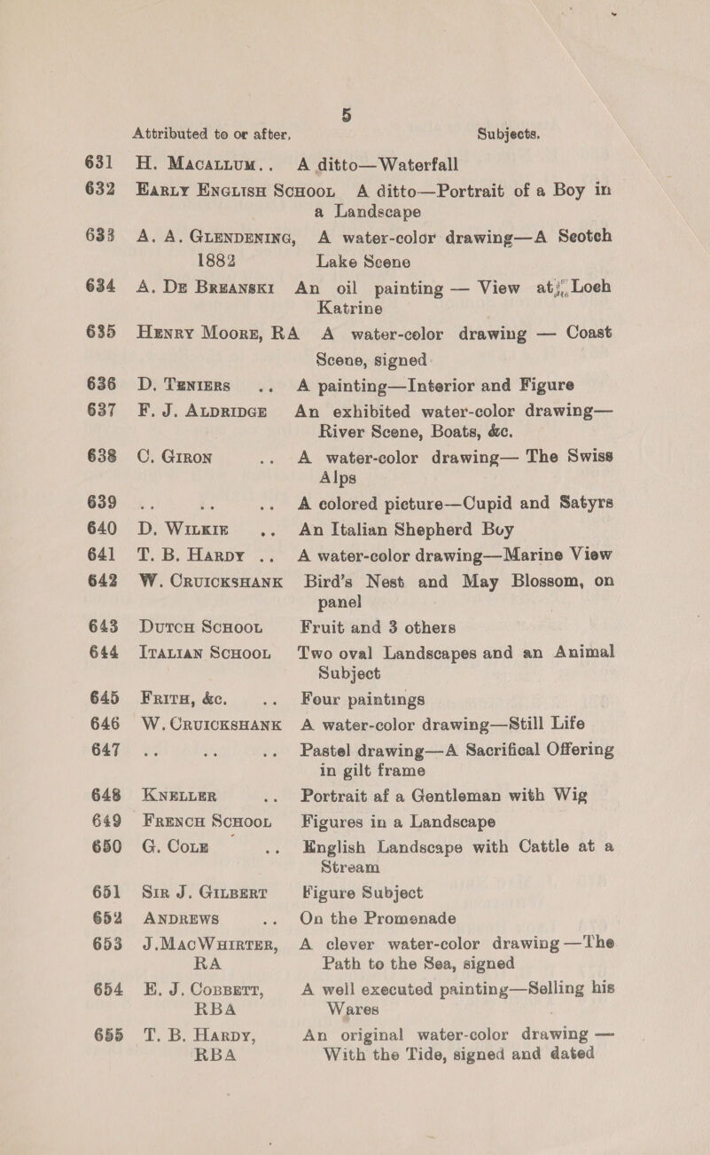 631 632 633 634 635 636 637 638 639 640 641 642 643 644 654 655 5 Attributed to or after, Subjects. H. Macattum.. A ditto— Waterfall Ear.ty Encwish Scuoot A ditto—Portrait of a Boy in a Landscape A. A. GLENDENING, A water-colory drawing—A Seoteh 1882 Lake Scene A. DE Breanski1 An oil painting — View at;,,Loeh Katrine Henry Moorz, RA A _ water-color drawing — Coast Scene, signed D. Tenters .. A painting—Interior and Figure F. J. Aupripgz An exhibited water-color drawing— River Scene, Boats, é&amp;e. C, Giron .. A water-color drawing— The Swiss Alps bs * .. <A colored pieture—Cupid and Satyrs D. Witkiz ., An Italian Shepherd Buy T. B. Harpy .. A water-color drawing—Marine View W.CruicksHank Bird’s Nest and May Blossom, on panel DutcH ScHooL Fruit and 3 others Ivat1an ScHoot ‘Two oval Landscapes and an Animal Subject Frito, &amp;c. .. Four paintings W.OrvIcKsHANK A water-color drawing—Still Life Pastel drawing—A Sacrifical Offering in gilt frame KNELLER .. Portrait af a Gentleman with Wig FrencH Schoo, Figures in a Landscape G. Coz .. English Landscape with Cattle at a Stream Sin J. Ginpert Figure Subject ANDREWS .. On the Promenade J.MacWurrrer, A clever water-color drawing —The RA Path to the Sea, signed K. J, CoBBETT, A well executed painting—Selling his RBA Wares . T. B. Harpy, An original water-color drawing — RBA With the Tide, signed and dated