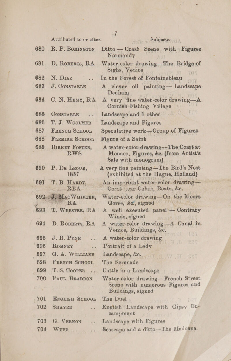 680 R. P. Bonineton 681. D. Ropsrts, RA 682 N. Diaz 683 J. ConsTaBLe 684 C.N. Hemy, RA 685 CoNSTABLE 686 T. J. WooLtmer 687 Franco ScHoon 688 FLEMisH ScHOOoL .689 Birxer Foster, WS 690 P, De Lxovr, 1857 691 T. B. Harpy, . RBA  693 T, Wepster, RA 694 D. Ropgrrs, RA 695 J.B. Pyne 696 Romney ; 697 «~G. A. WintiaMs 698 FrencH ScHOOL 699 T.S. Coopmr 700 Paun Brappon 701 Ewnauisu ScHooL 702 SHAYER 703 G. VERNON 704 WEBB .. | _ Subjects. Ditto — Const eae Sah Tiled Normandy ' Water-color EPIRA TEN, Bridger of Sighs, Venice wea In the Forest of iontaineb lagi : A clever oil painting— Landscape Dedham A very fine water-color drawing —A Cornish Fishisng Village Landseape and 1 other z= Landseape and Figures Speculative work—Group. of Figures. Figure of a Saint A water-color drawing-—The Coast at Monaco, Figures, &amp;c. (from Artist’s Sale with monogram) _ a A very fine painting—The Bird’s Nast (exhibited at the Hague, Holland) An important water-eolor. drawing- — ~ Cossids. .ear Calais, Boats. &amp;e. ) Wator-eolor drawing— On the M, oors Gores, &amp;e., signed A well executed panel — Contrary Winds, signed A water-color drawing—A Canal. in Venice, Buildings, ae. A water-eolor drawing Portrait of a Lady Landscape, &amp;e, The Serenade ; Cattle in a Landscape Water-eolor drawing—French Street Scene with numerous Figures and Buildings, signed The Duel English Landecape with Gipsy: Kn- campment . Landscape with Figures Seascape and a ditto—The Madonna.